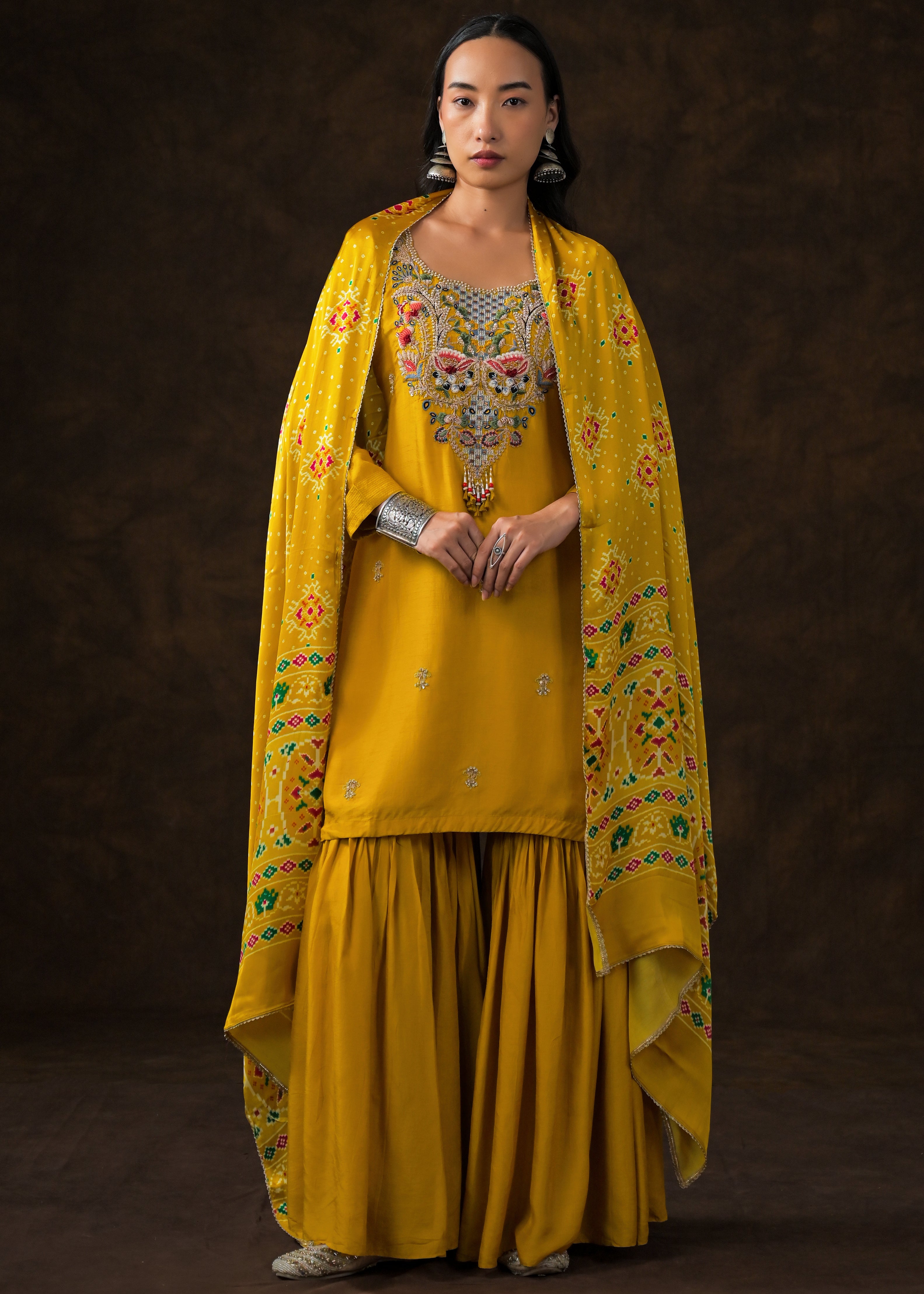 Mustard Yellow Embellished Raw Silk Sharara Set