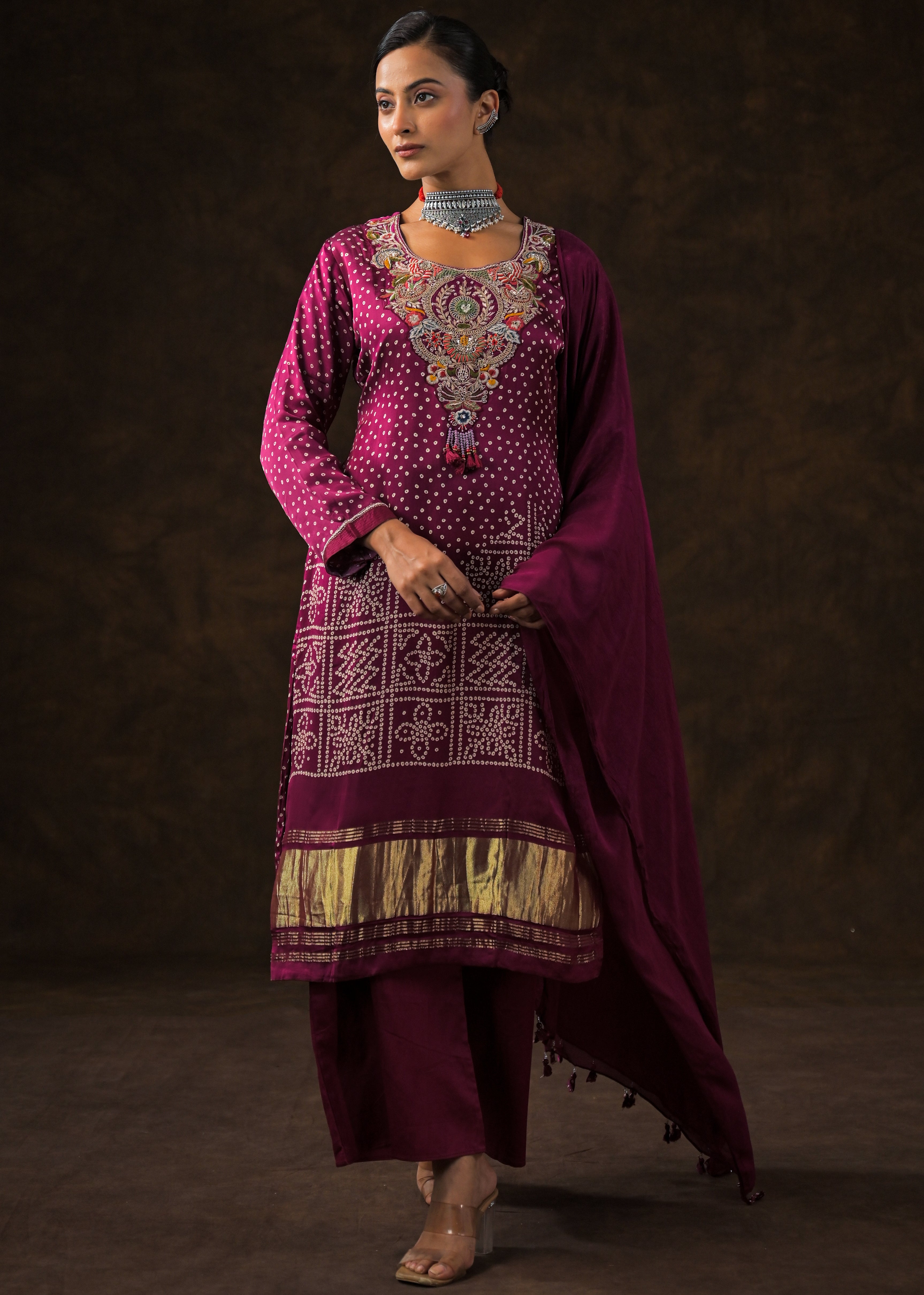 Magenta Pink Embellished Satin Silk Palazzo Set