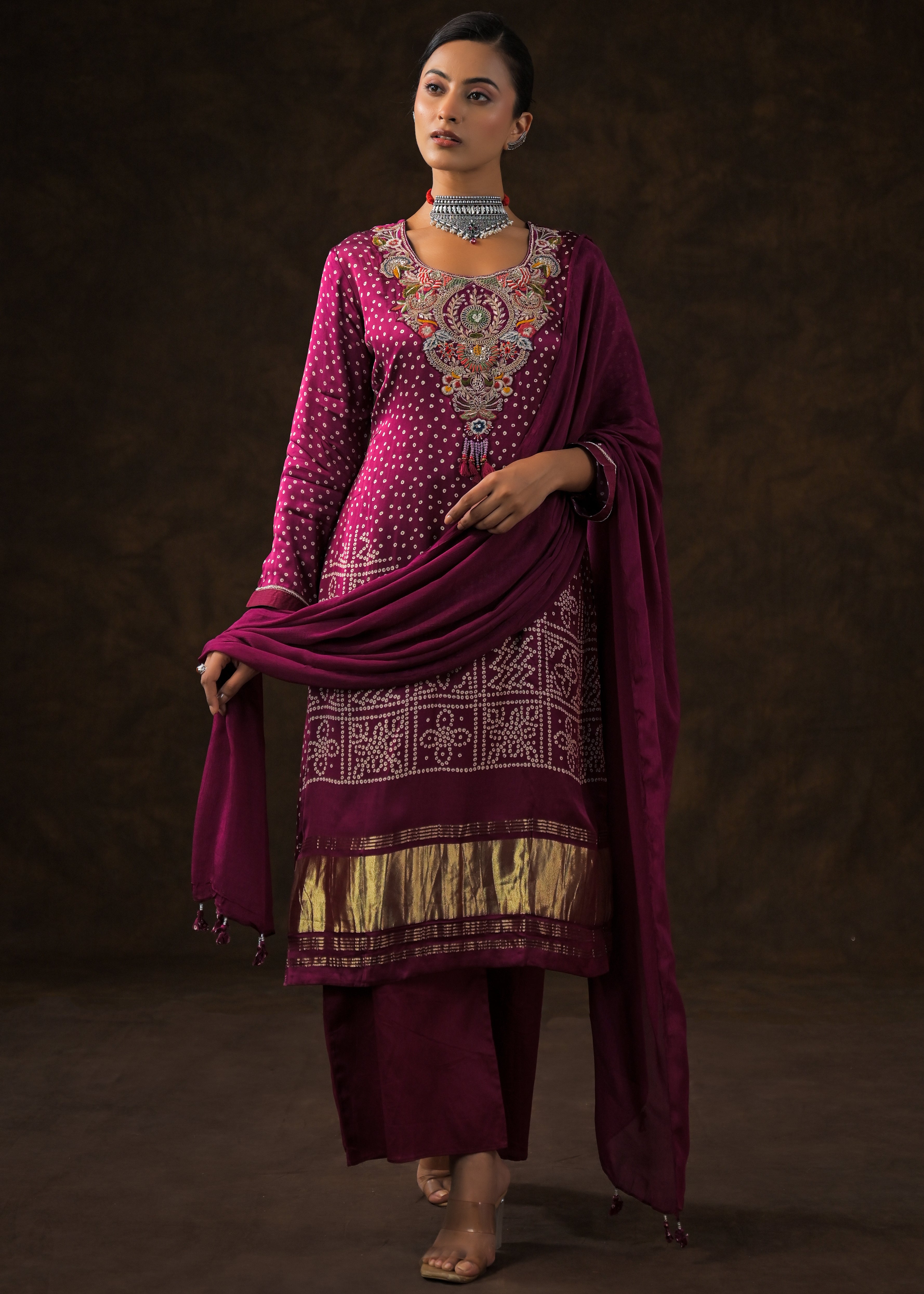 Magenta Pink Embellished Satin Silk Palazzo Set