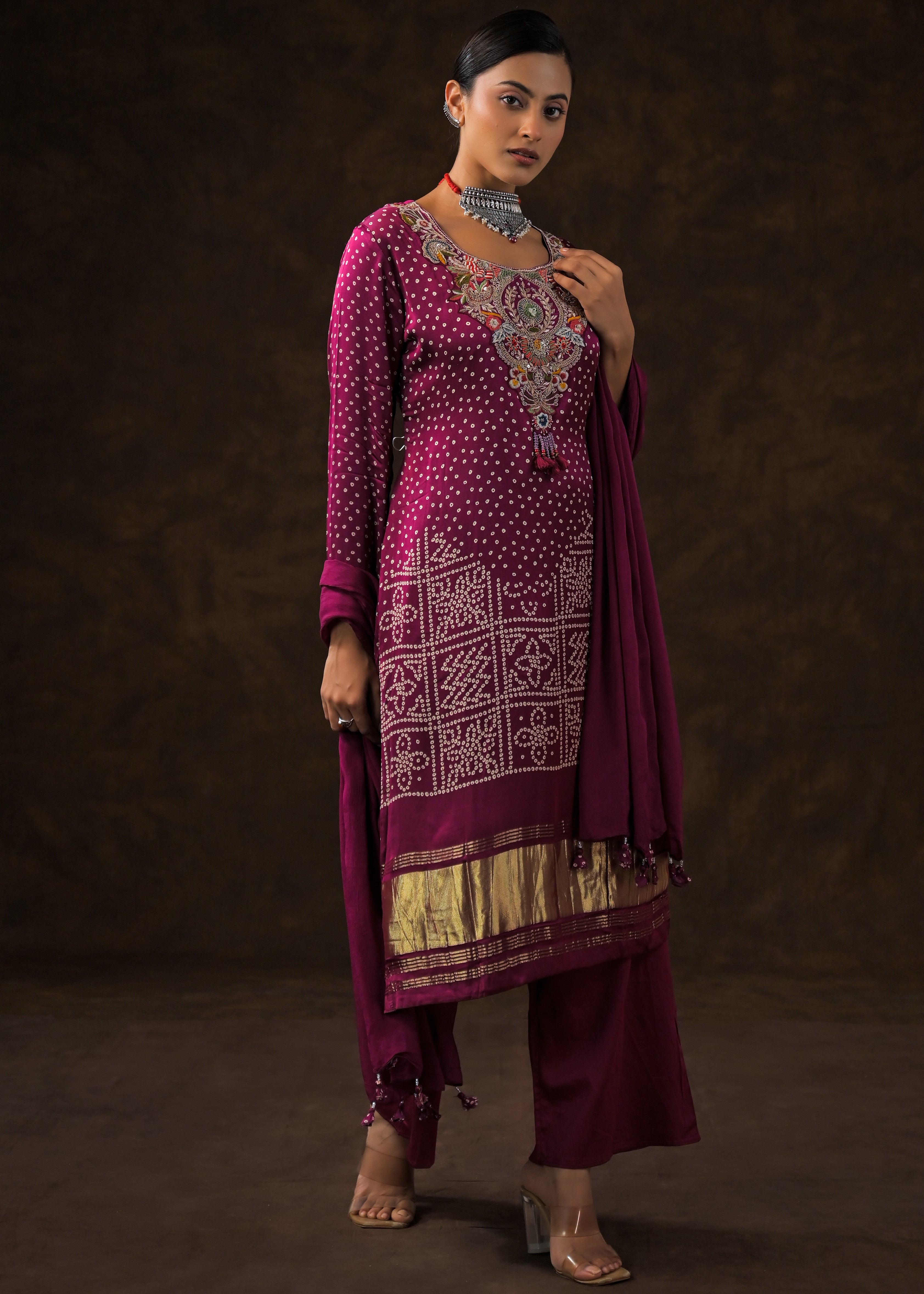 Magenta Pink Embellished Satin Silk Palazzo Set