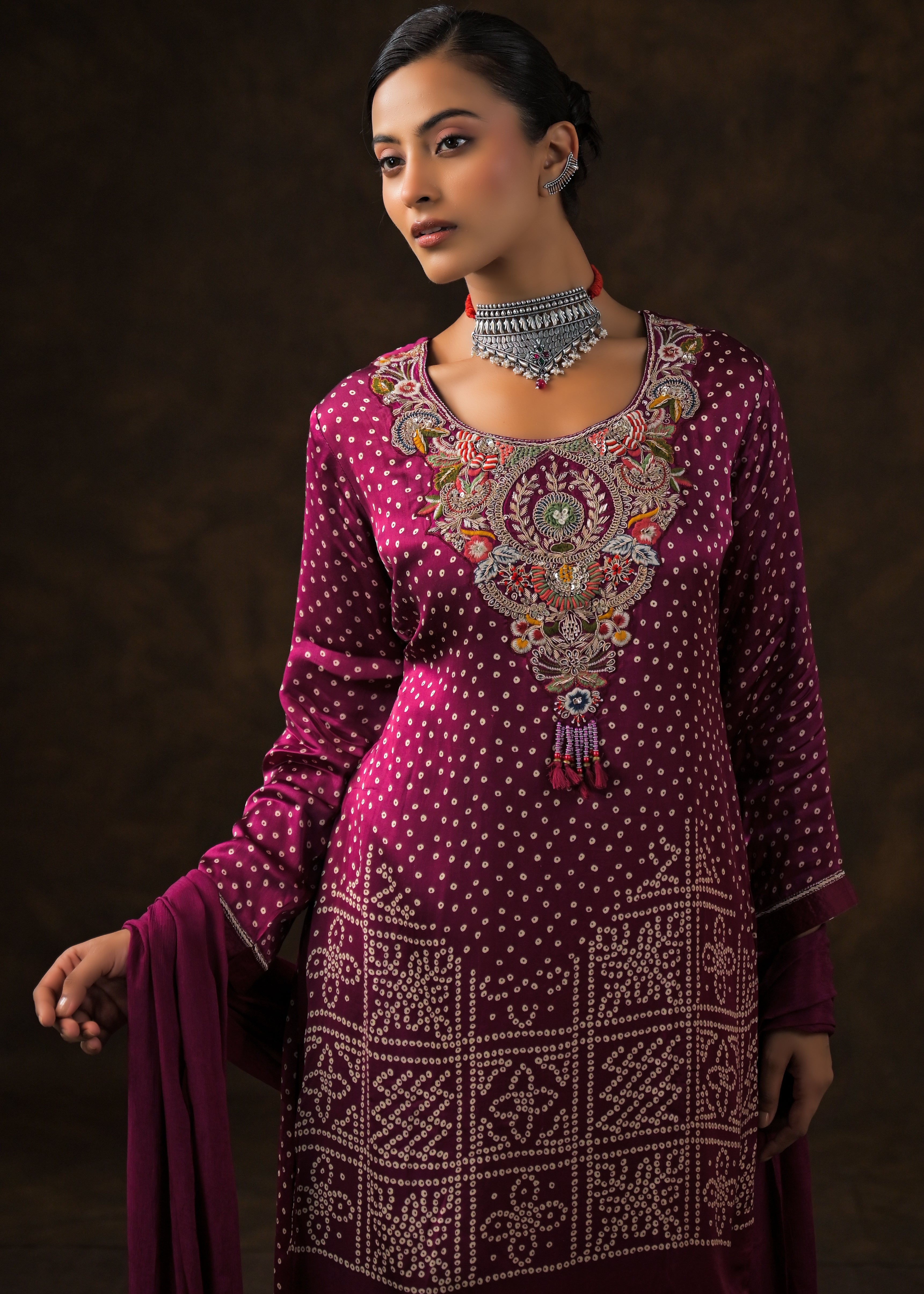 Magenta Pink Embellished Satin Silk Palazzo Set