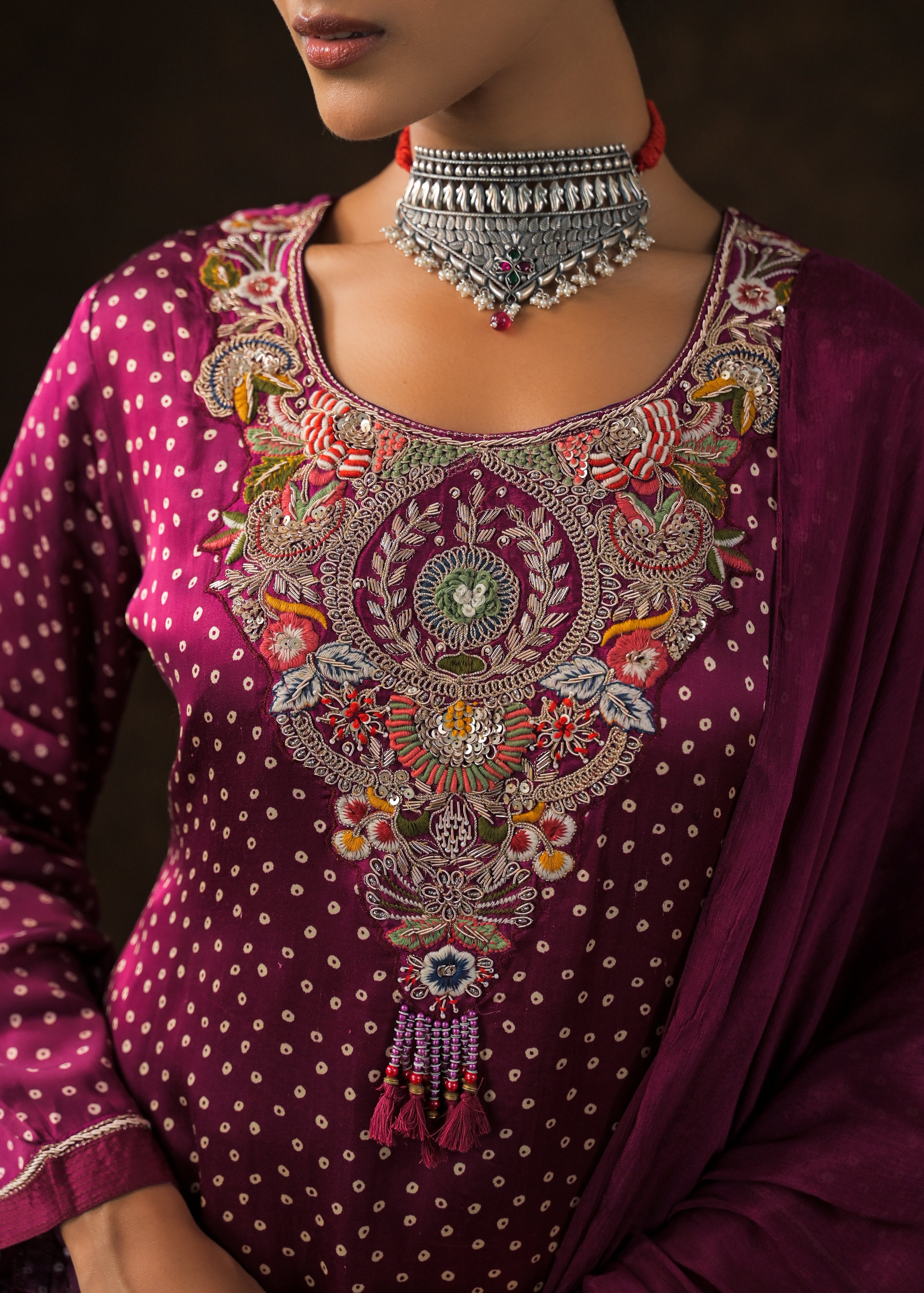 Magenta Pink Embellished Satin Silk Palazzo Set