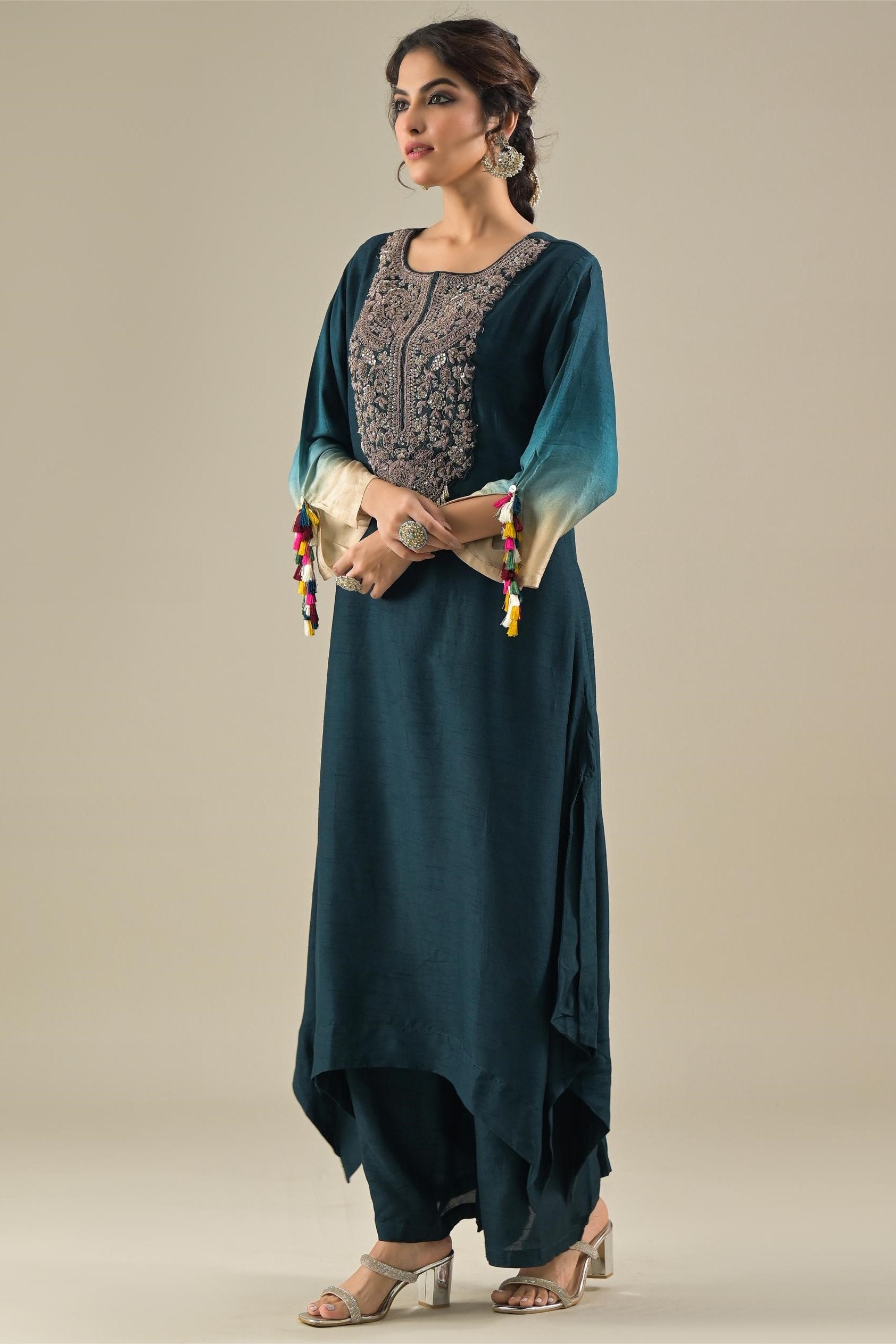 Deep Teal Embroidered Raw Silk Kurta & Palazzo Set