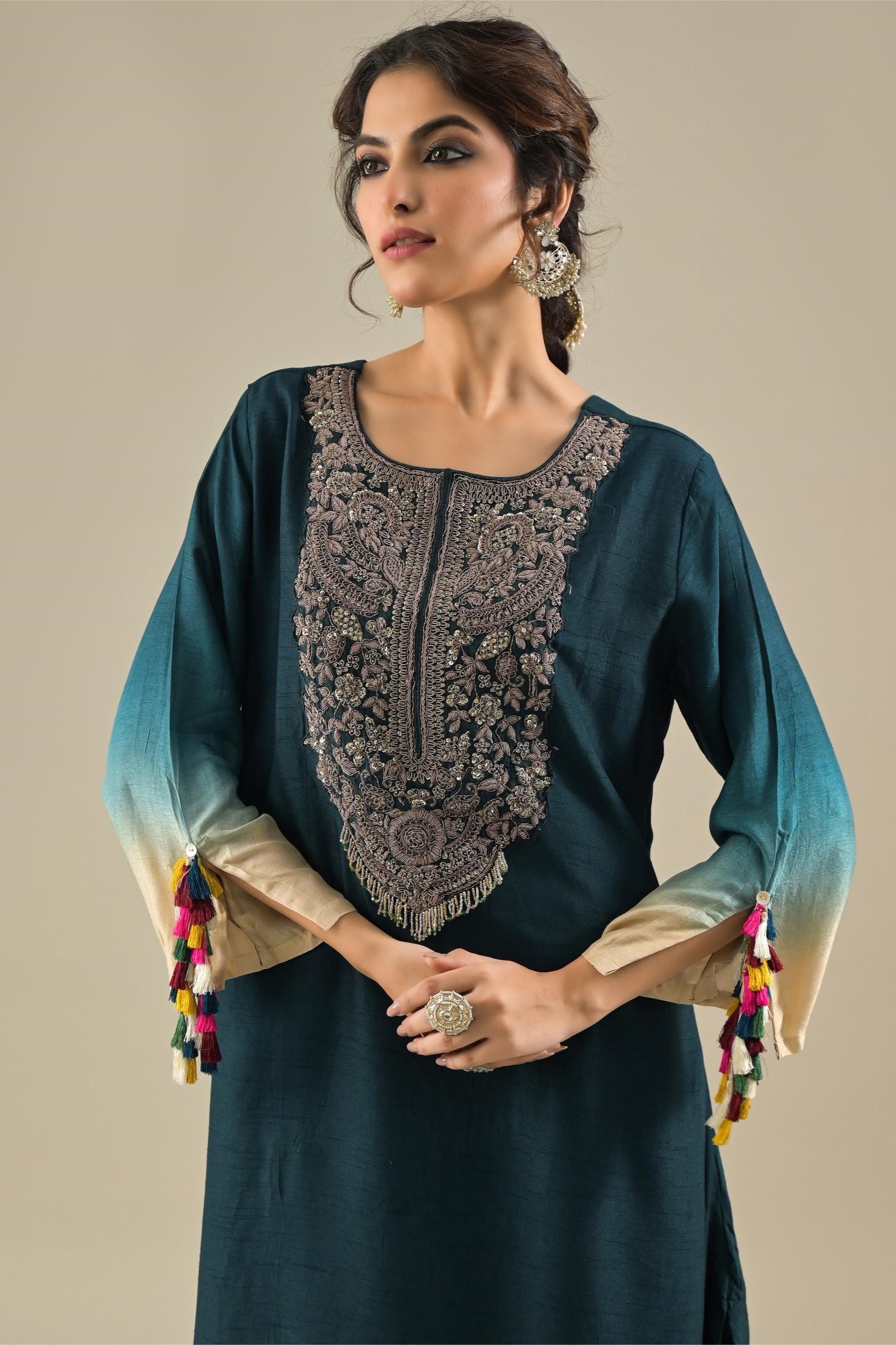 Deep Teal Embroidered Raw Silk Kurta & Palazzo Set