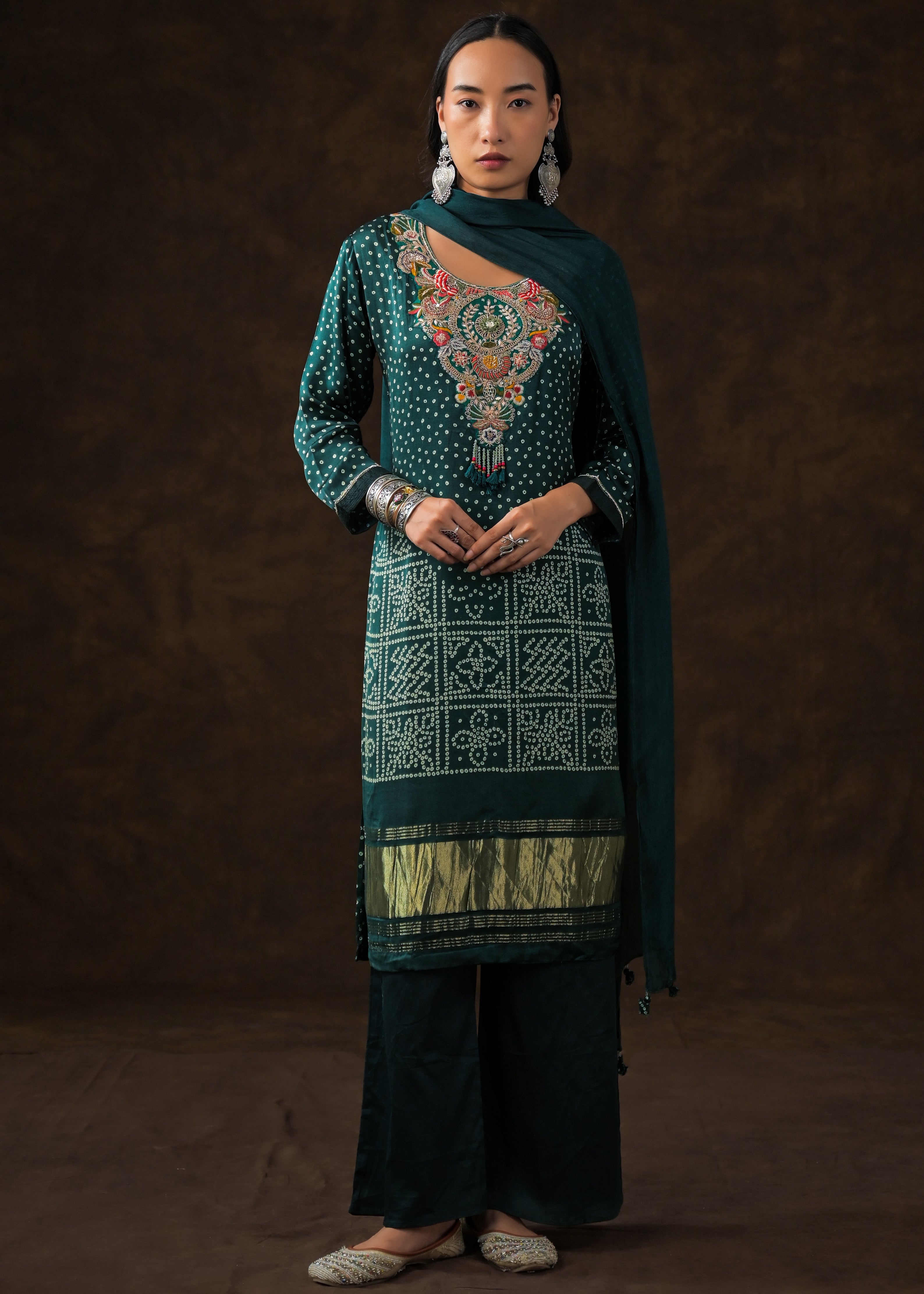 Deep Green Embellished Satin Silk Palazzo Set