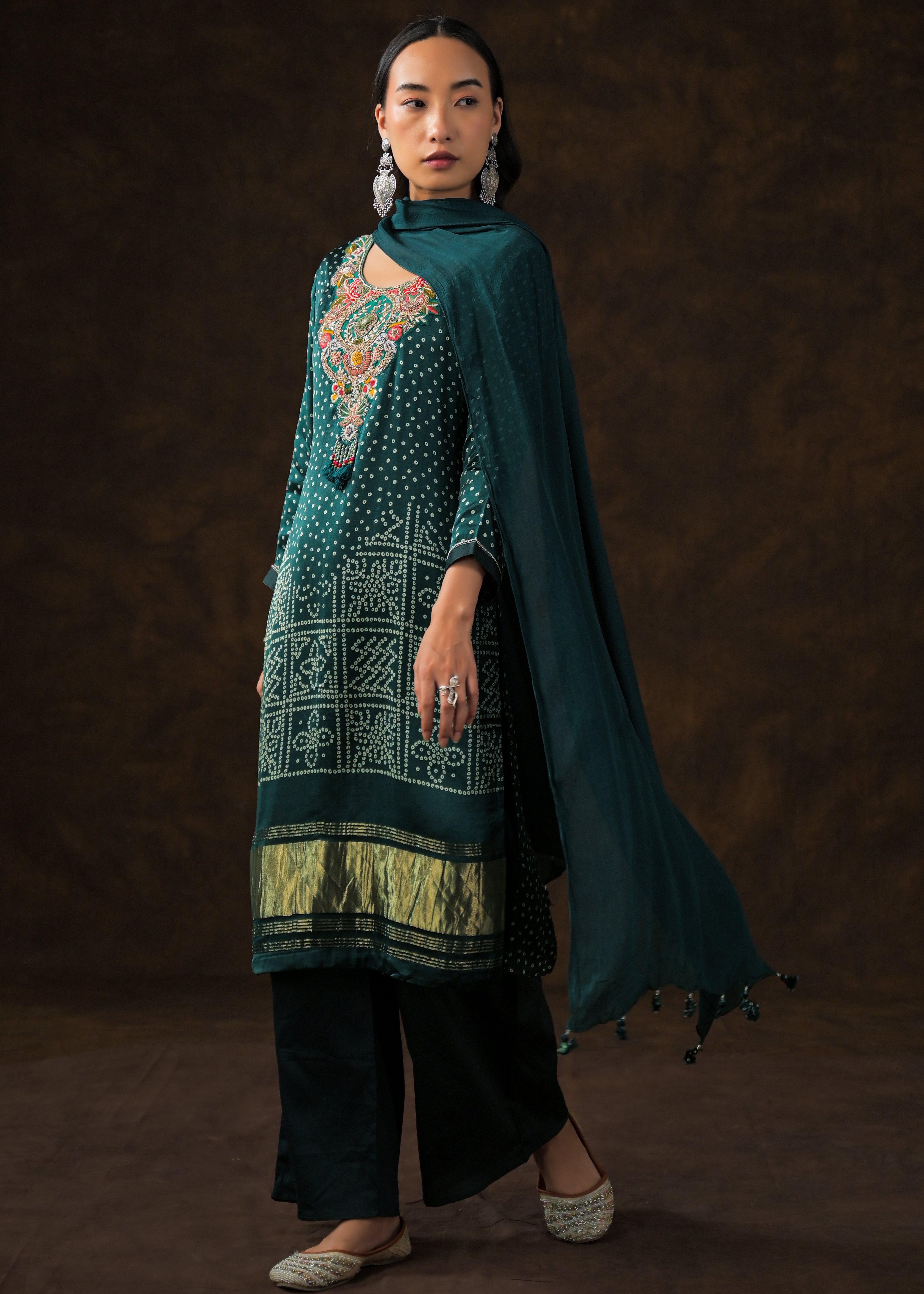 Deep Green Embellished Satin Silk Palazzo Set