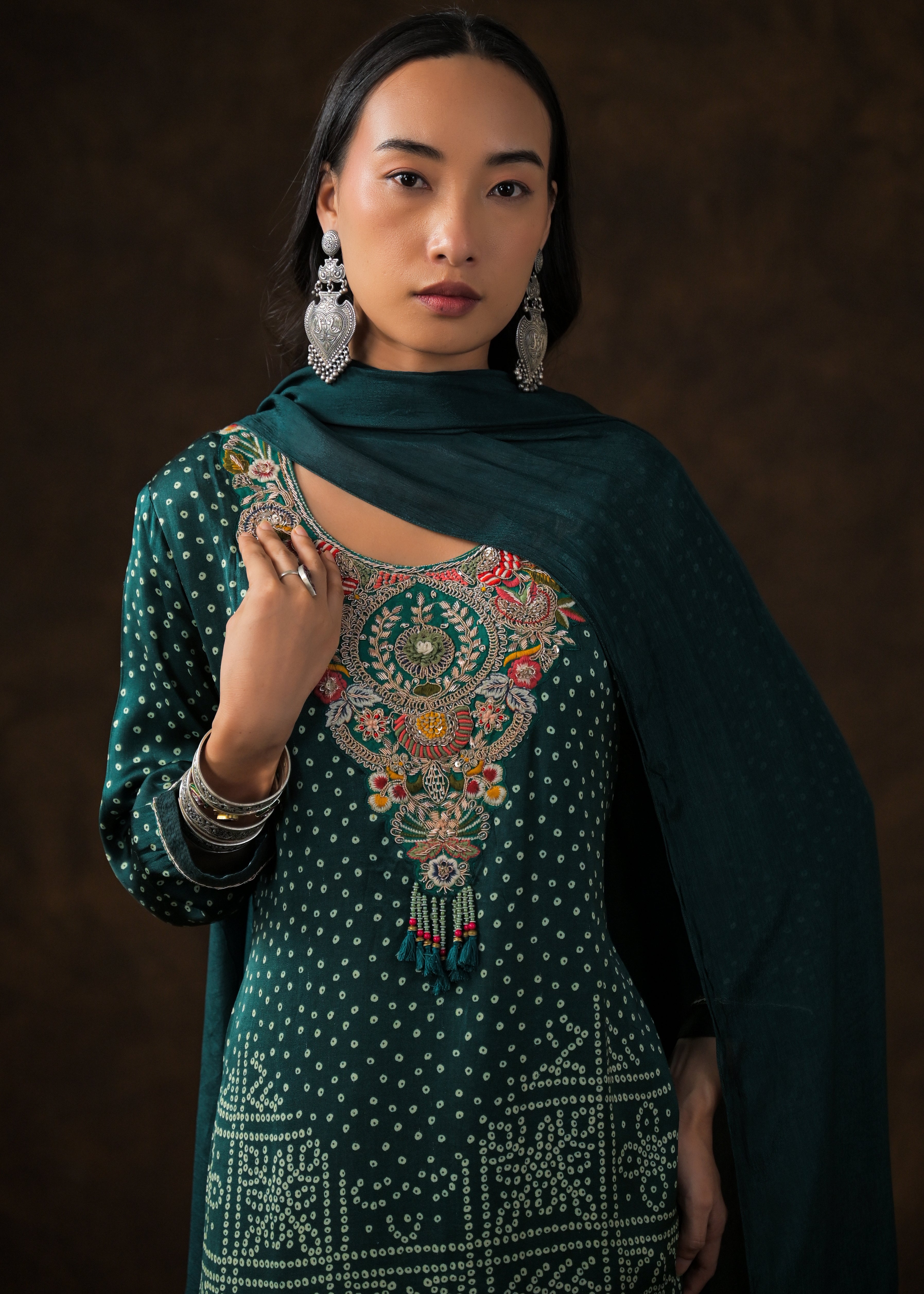 Deep Green Embellished Satin Silk Palazzo Set