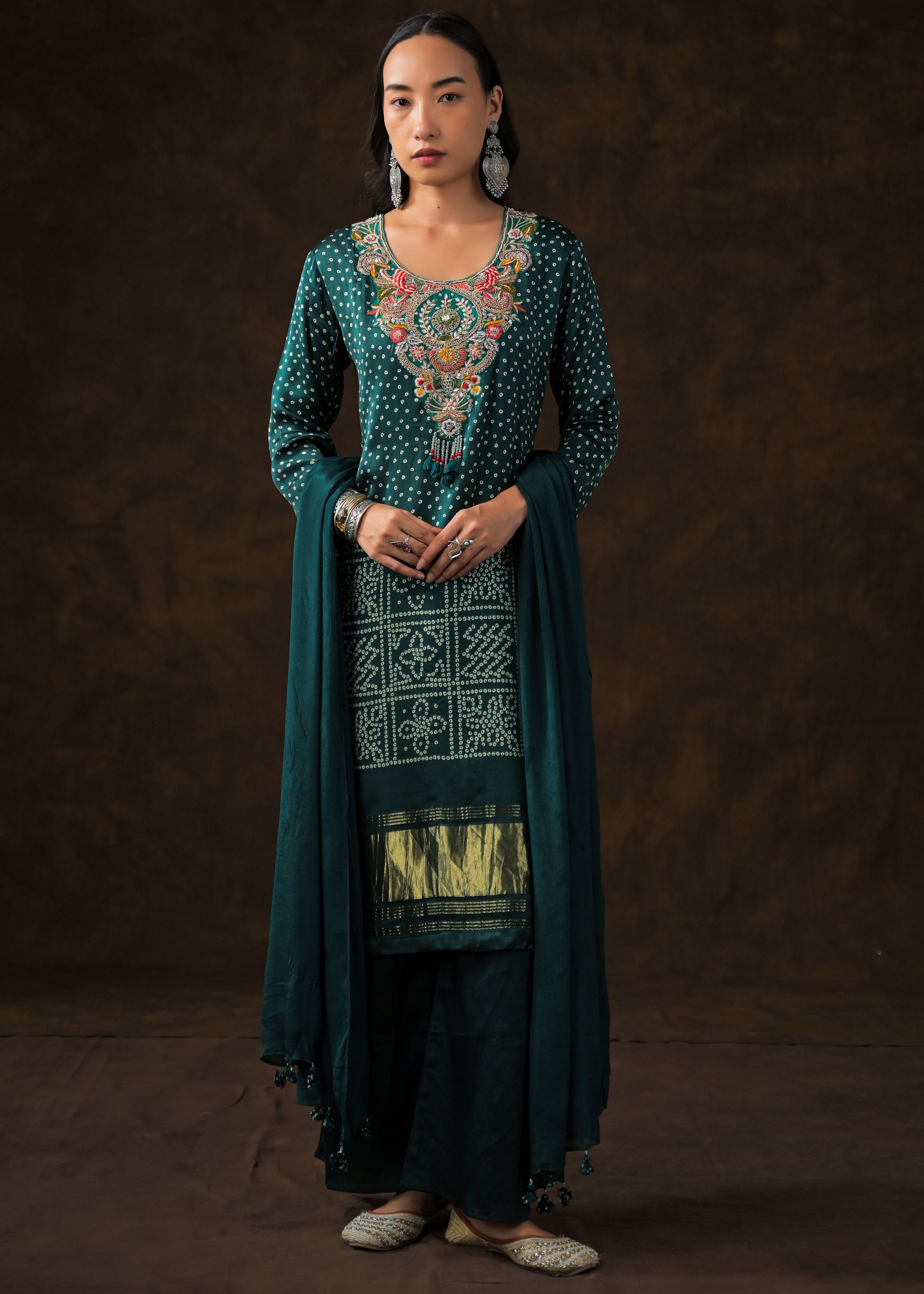 Deep Green Embellished Satin Silk Palazzo Set