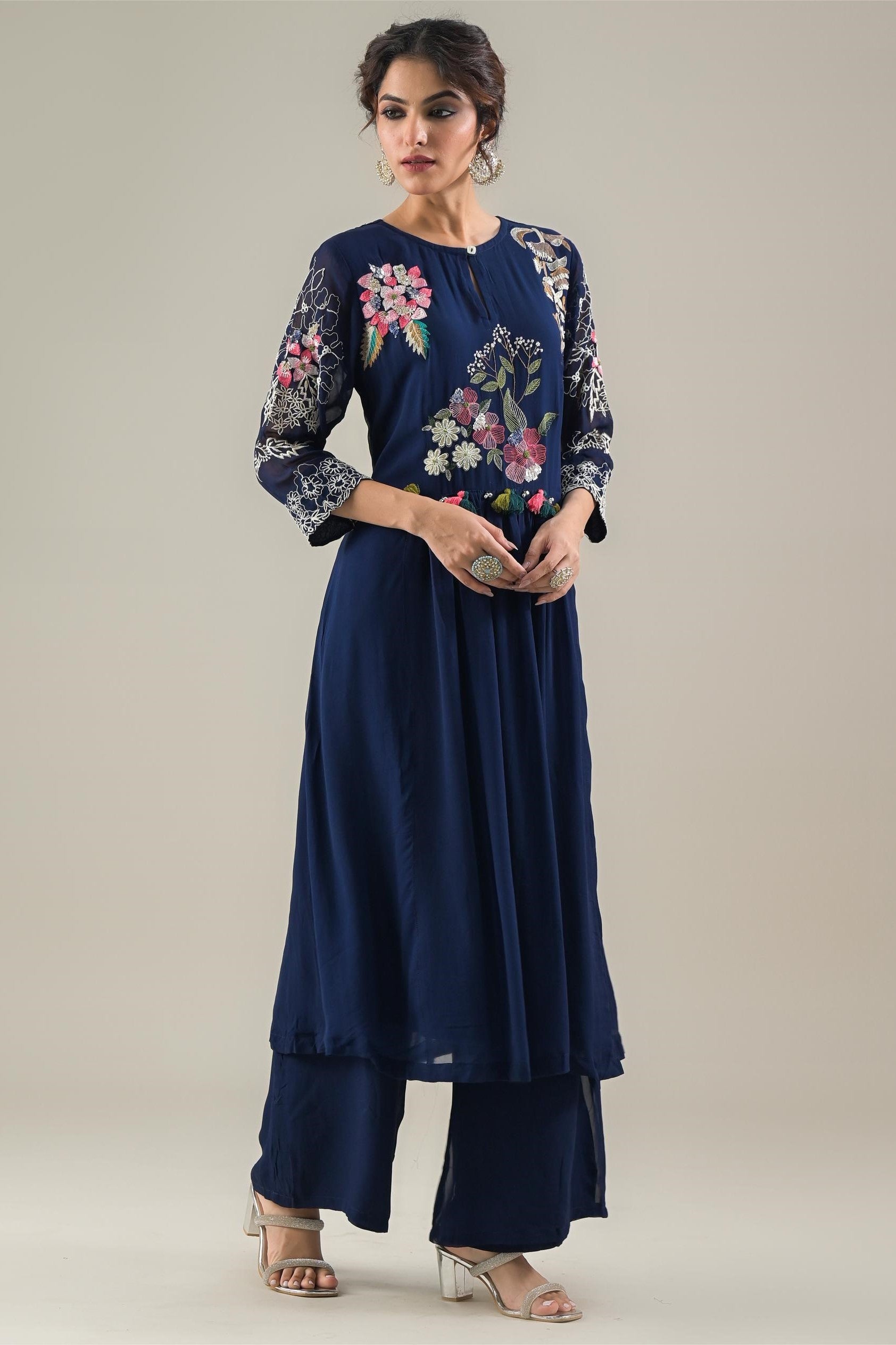 Deep Blue Embroidered Georgette Silk Kurta & Pants Set