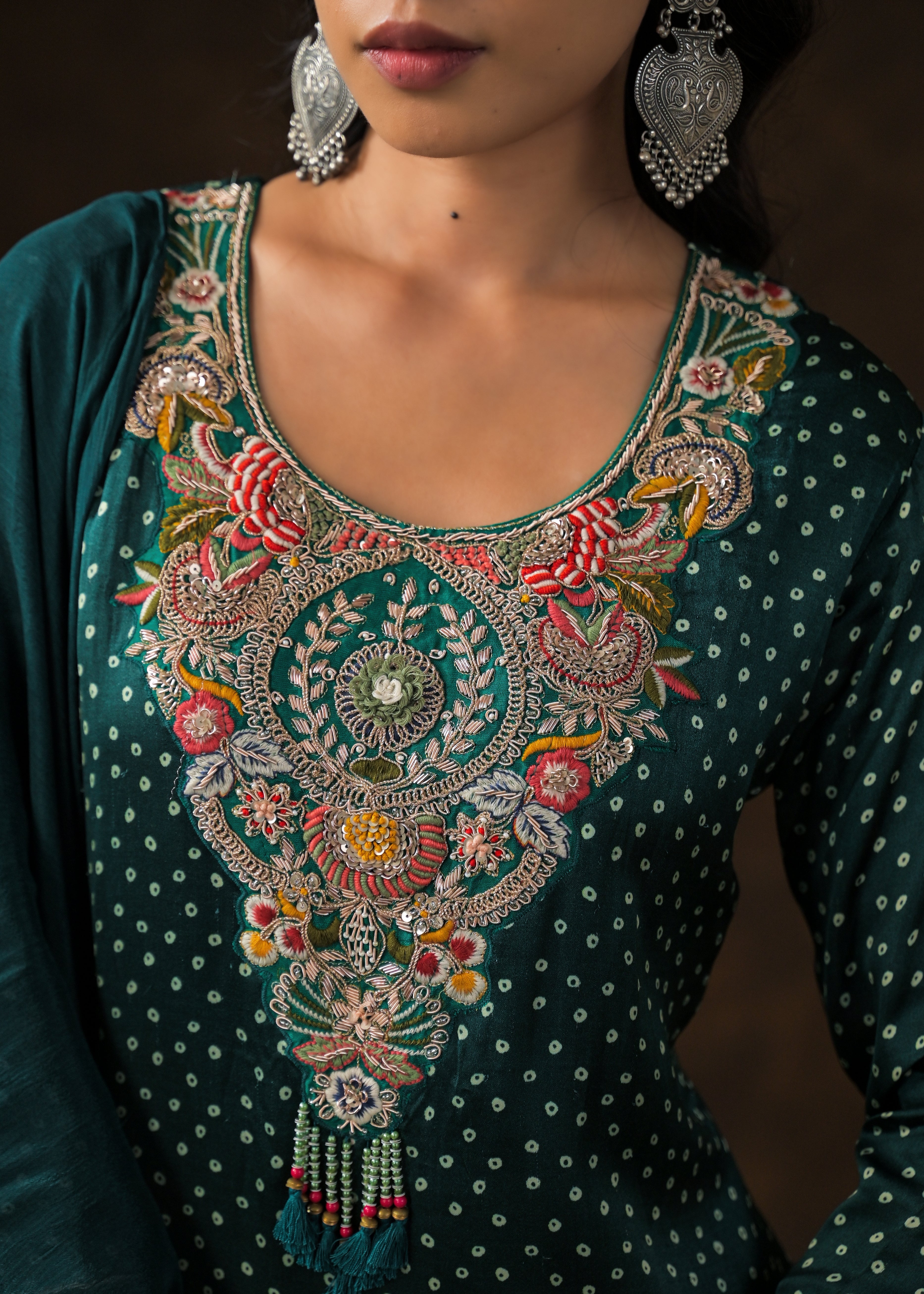 Deep Green Embellished Satin Silk Palazzo Set