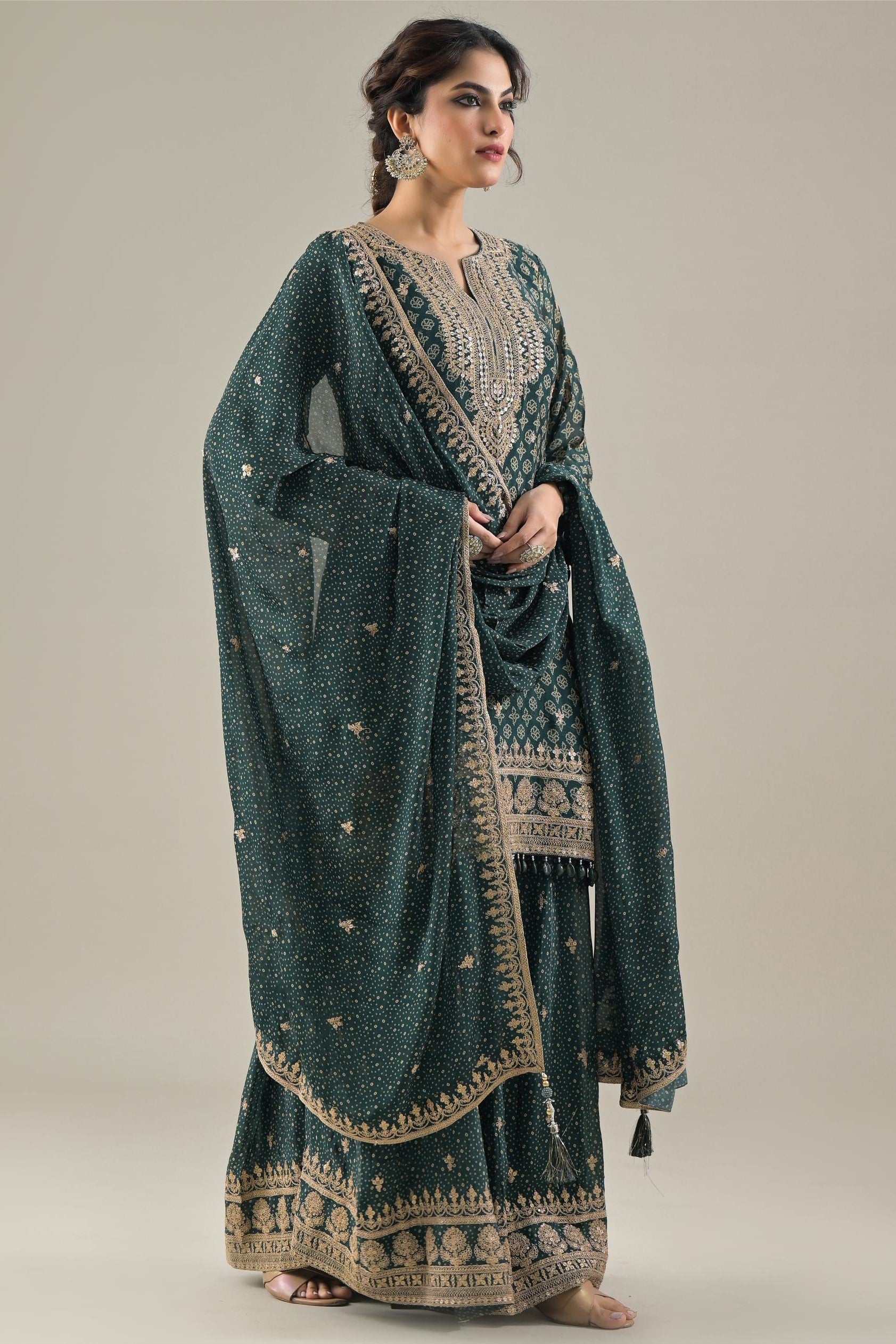 Green Bandhej Printed Chinon Silk Palazzo Set