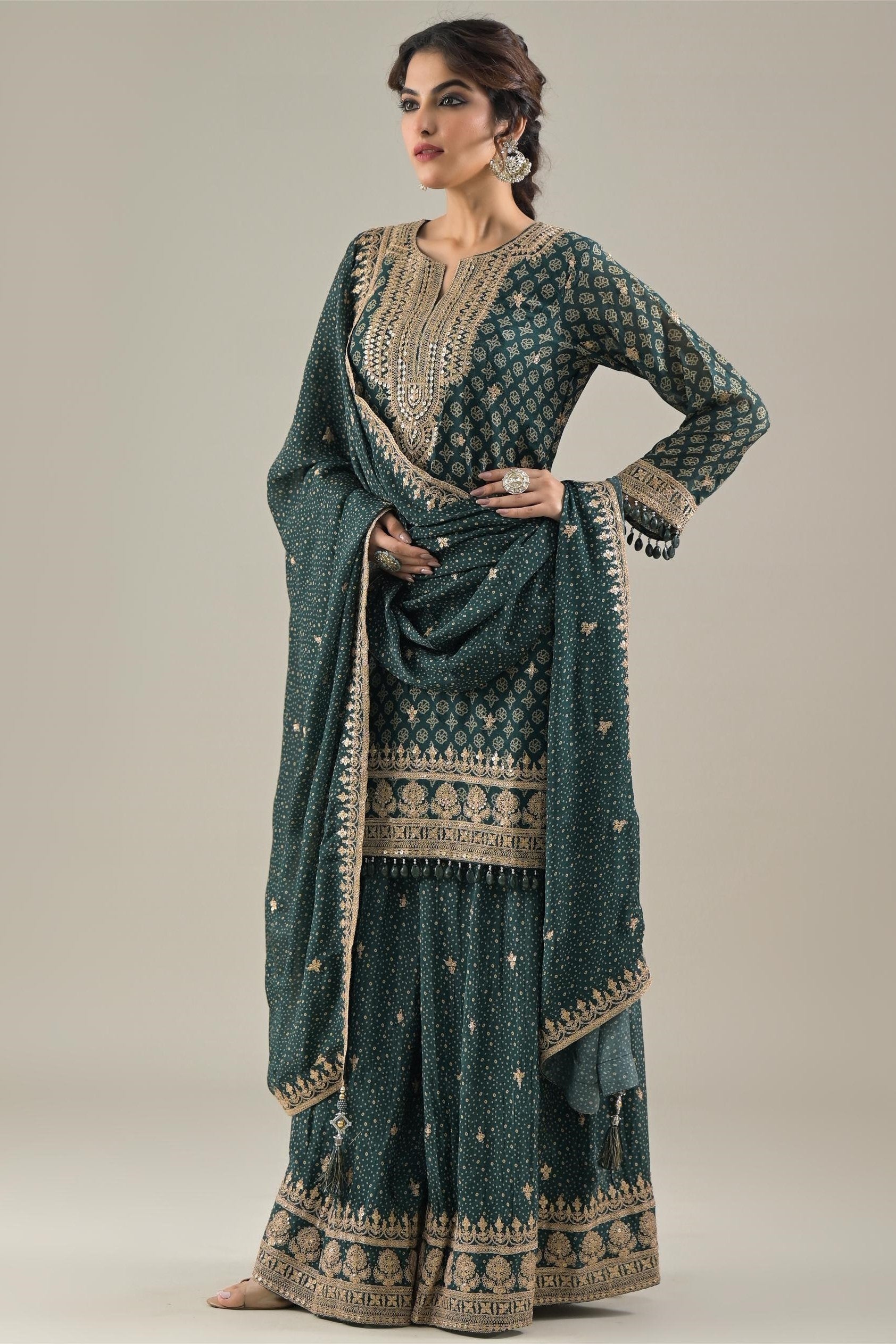 Green Bandhej Printed Chinon Silk Palazzo Set