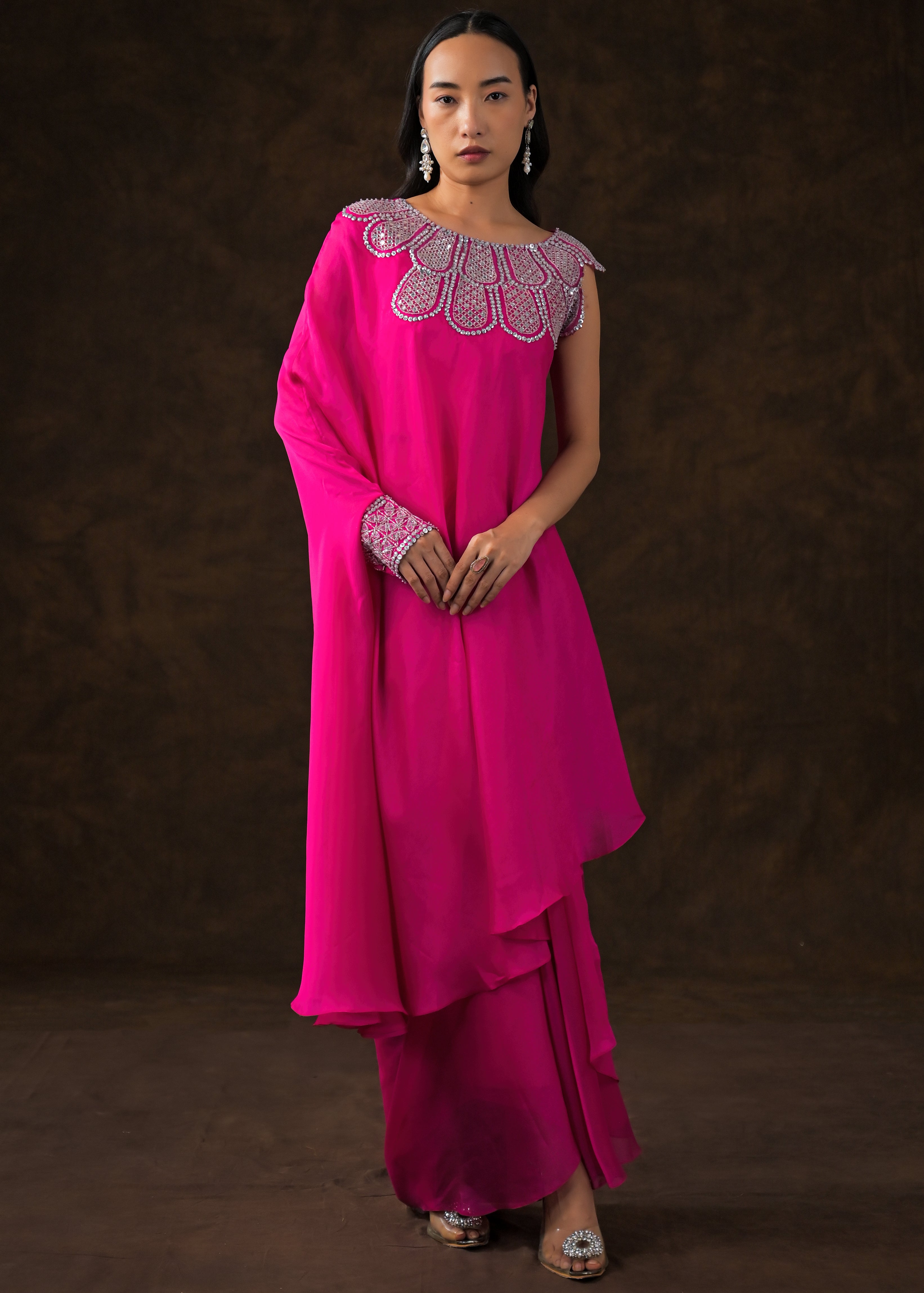 Hot Pink Embellished Georgette Silk Drape Skirt Set