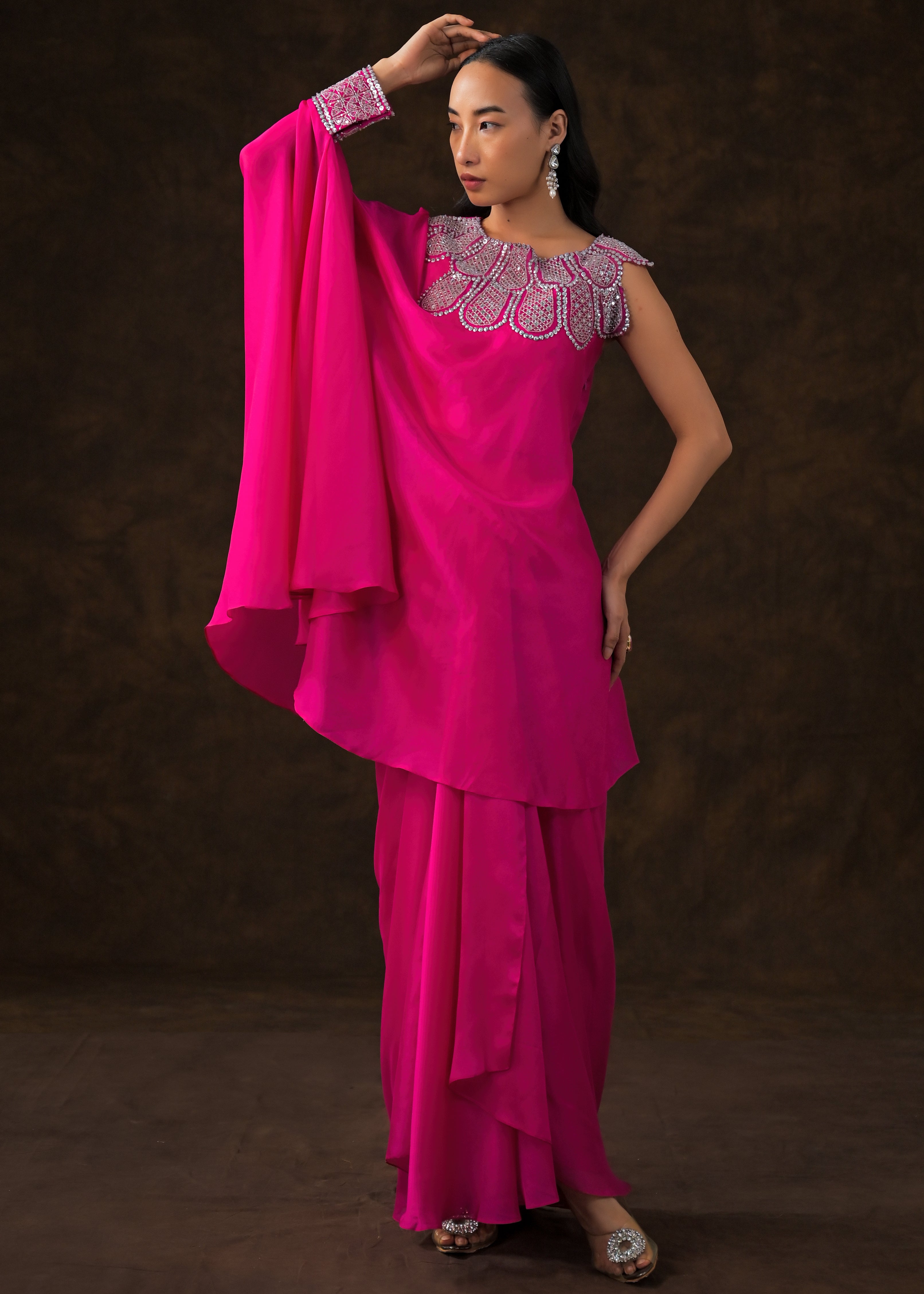Hot Pink Embellished Georgette Silk Drape Skirt Set