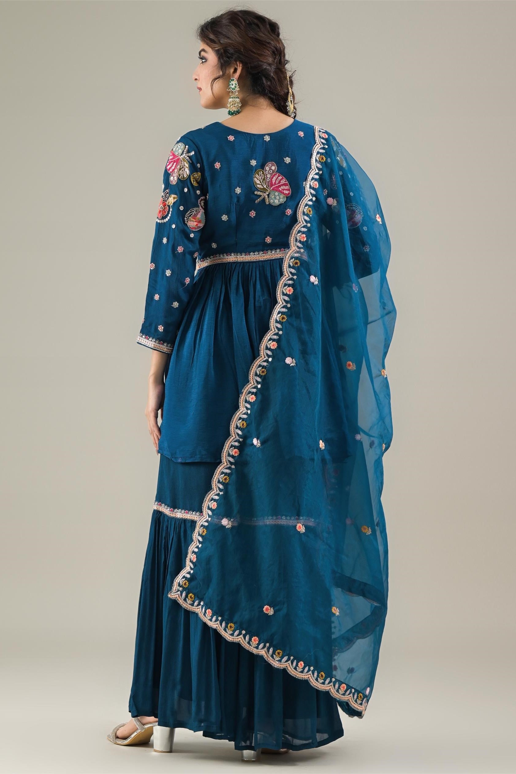 Ocean Blue Embroidered Chinon Silk Sharara Set