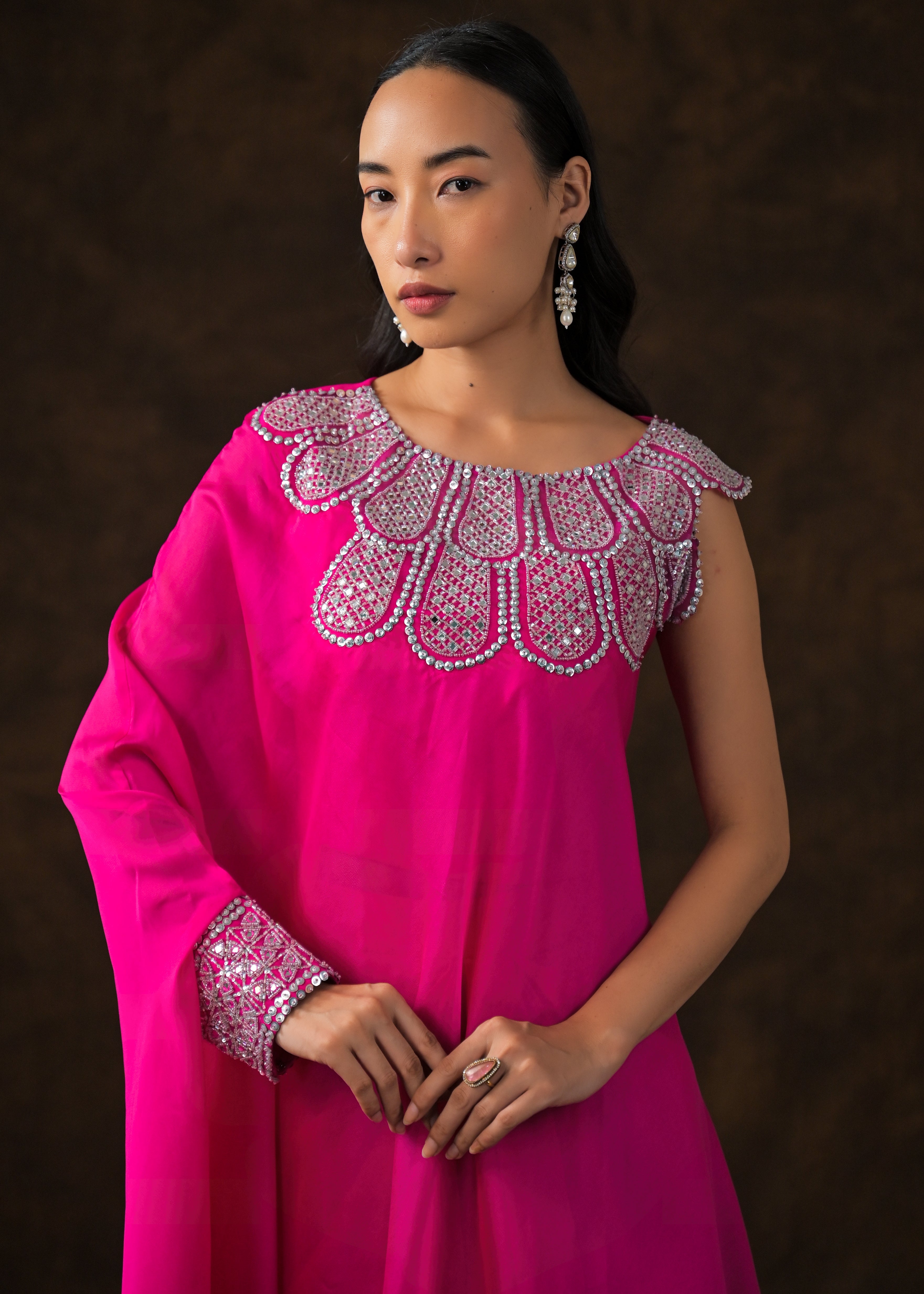 Hot Pink Embellished Georgette Silk Drape Skirt Set