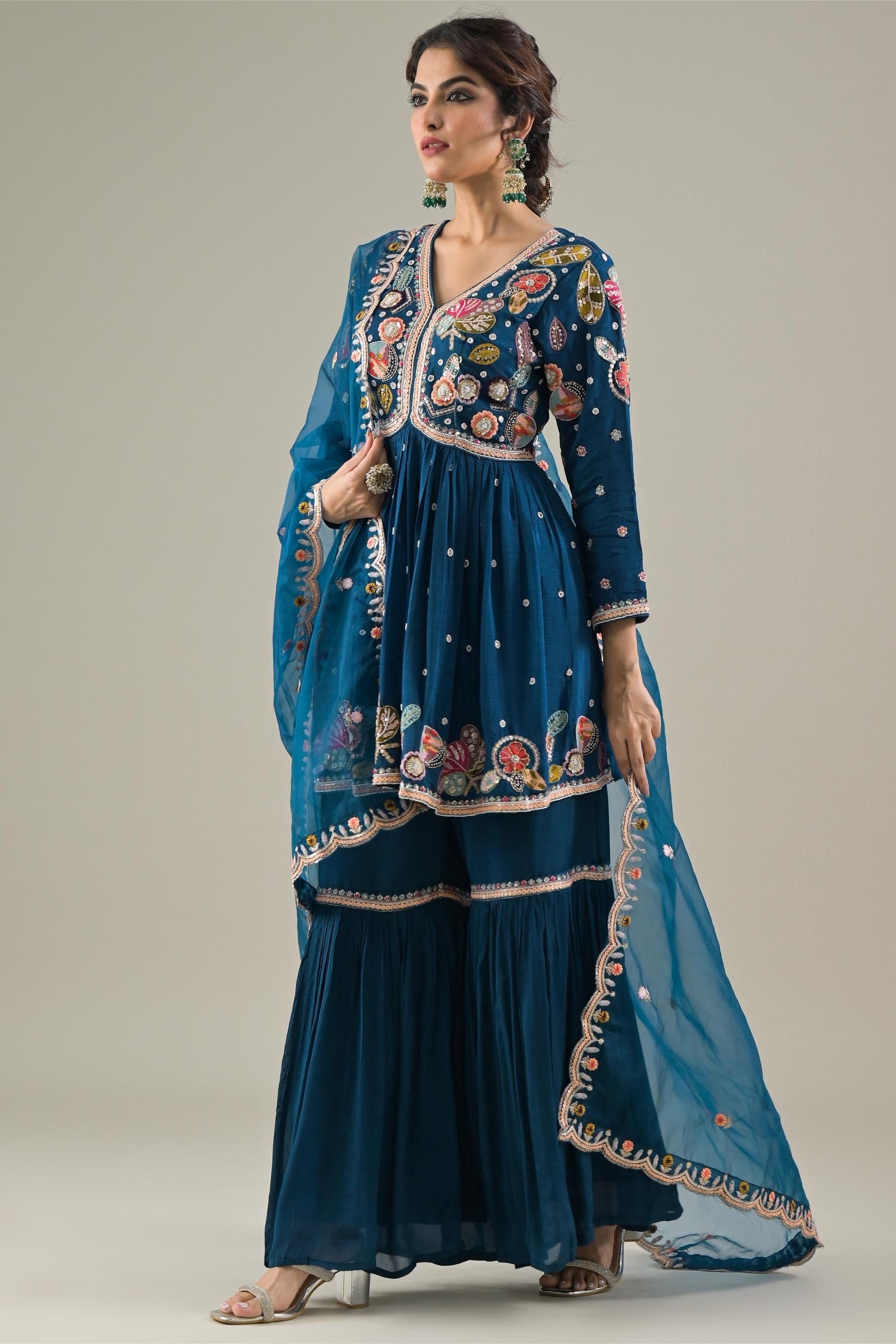 Ocean Blue Embroidered Chinon Silk Sharara Set