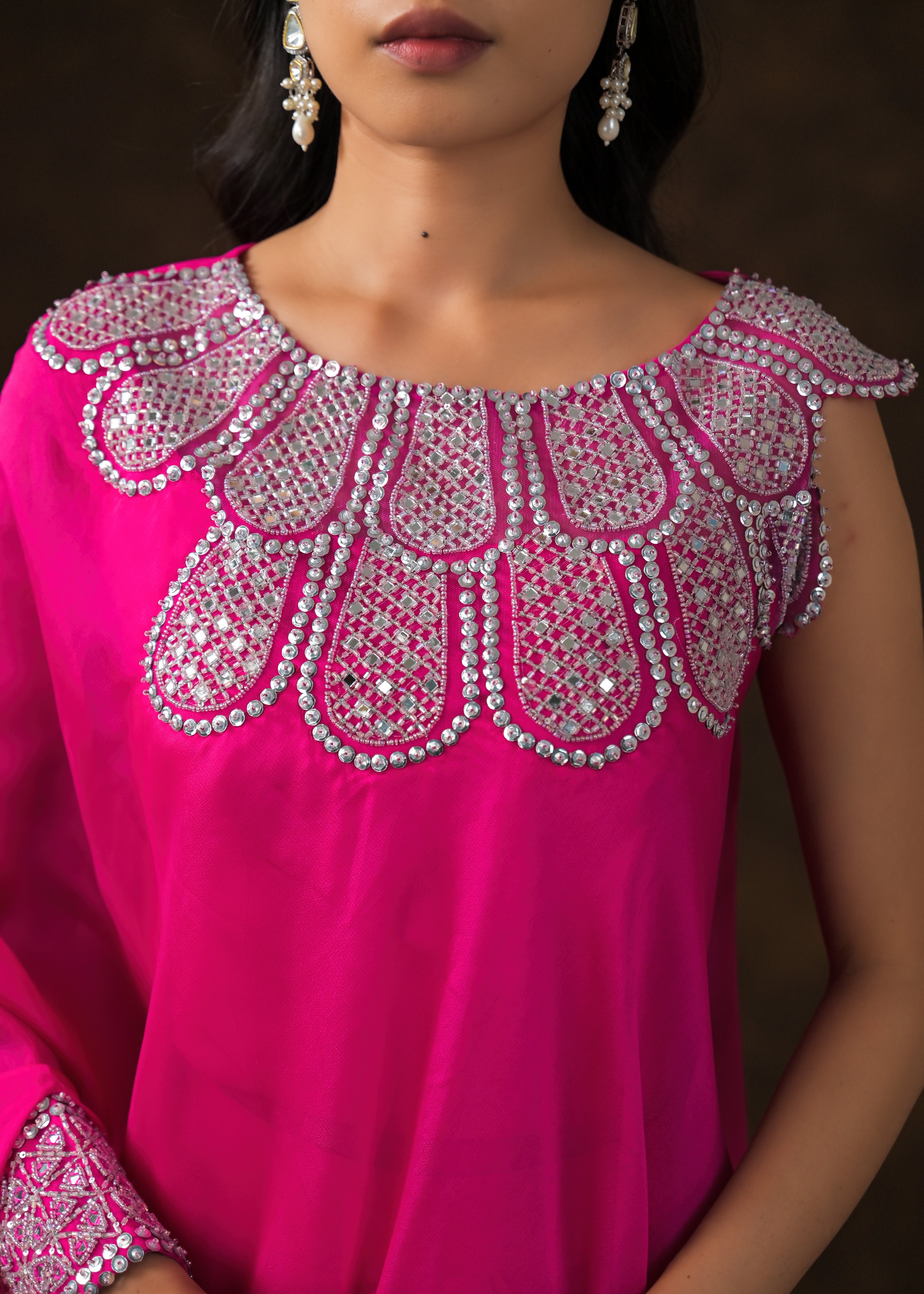 Hot Pink Embellished Georgette Silk Drape Skirt Set