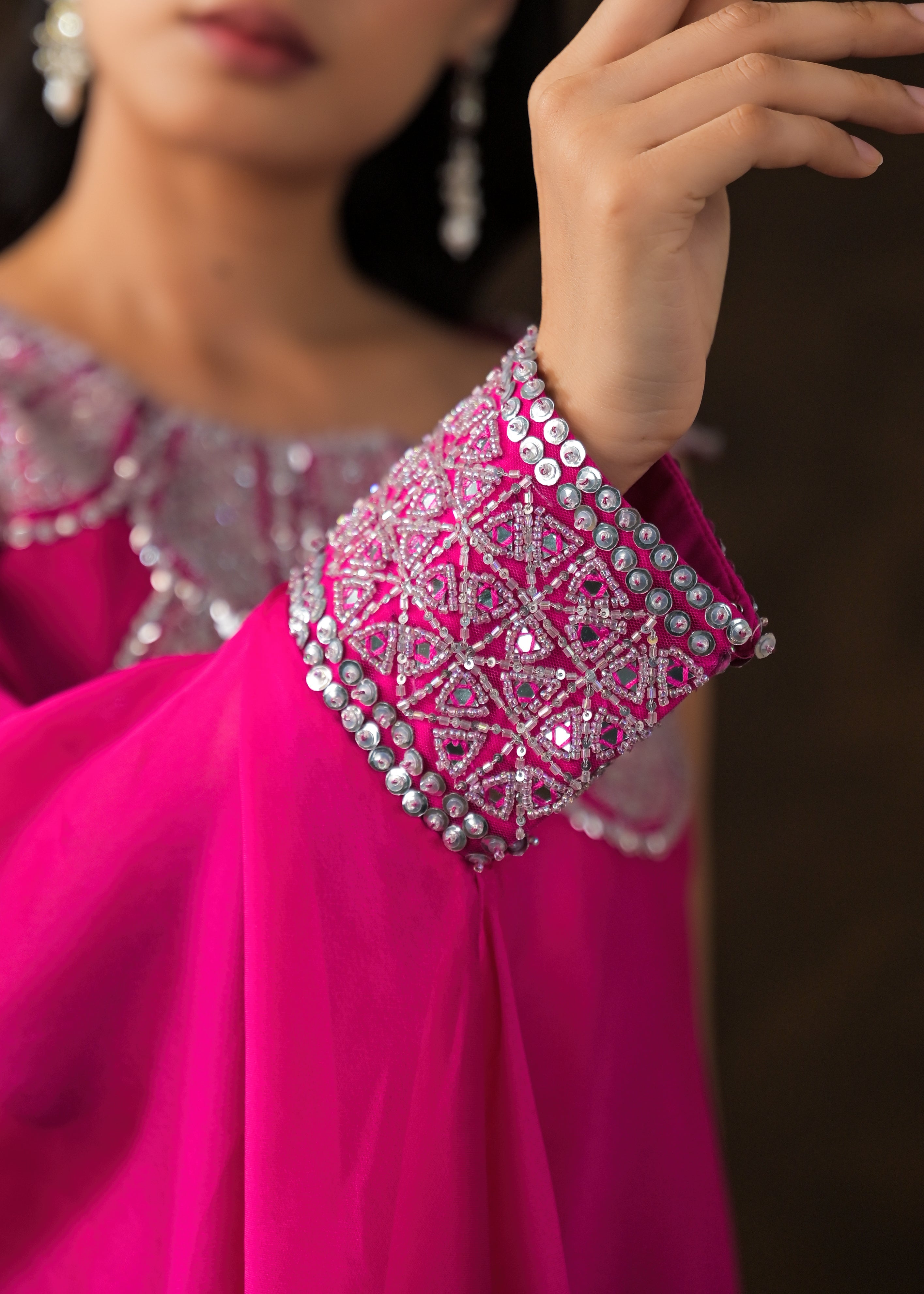 Hot Pink Embellished Georgette Silk Drape Skirt Set