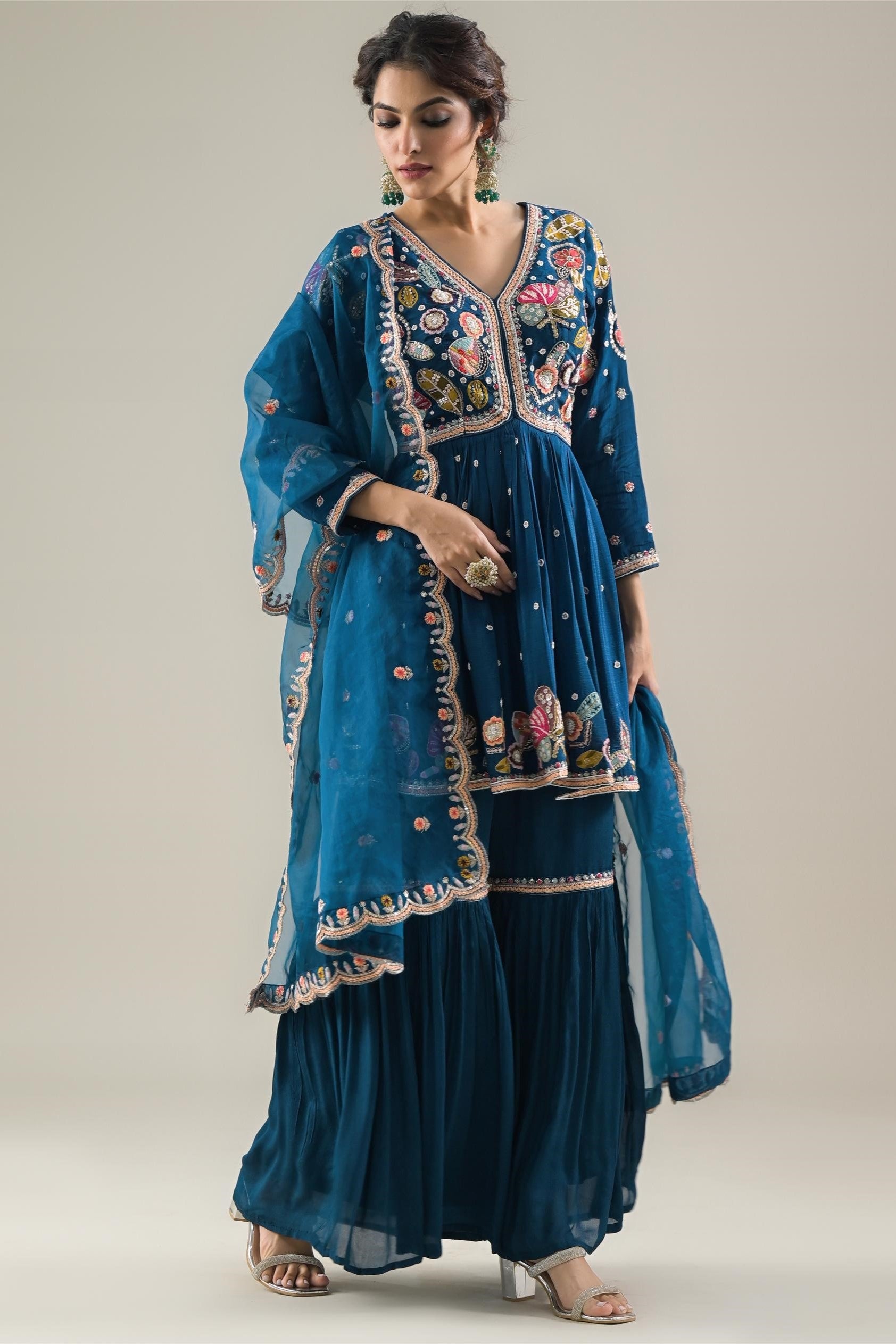 Ocean Blue Embroidered Chinon Silk Sharara Set