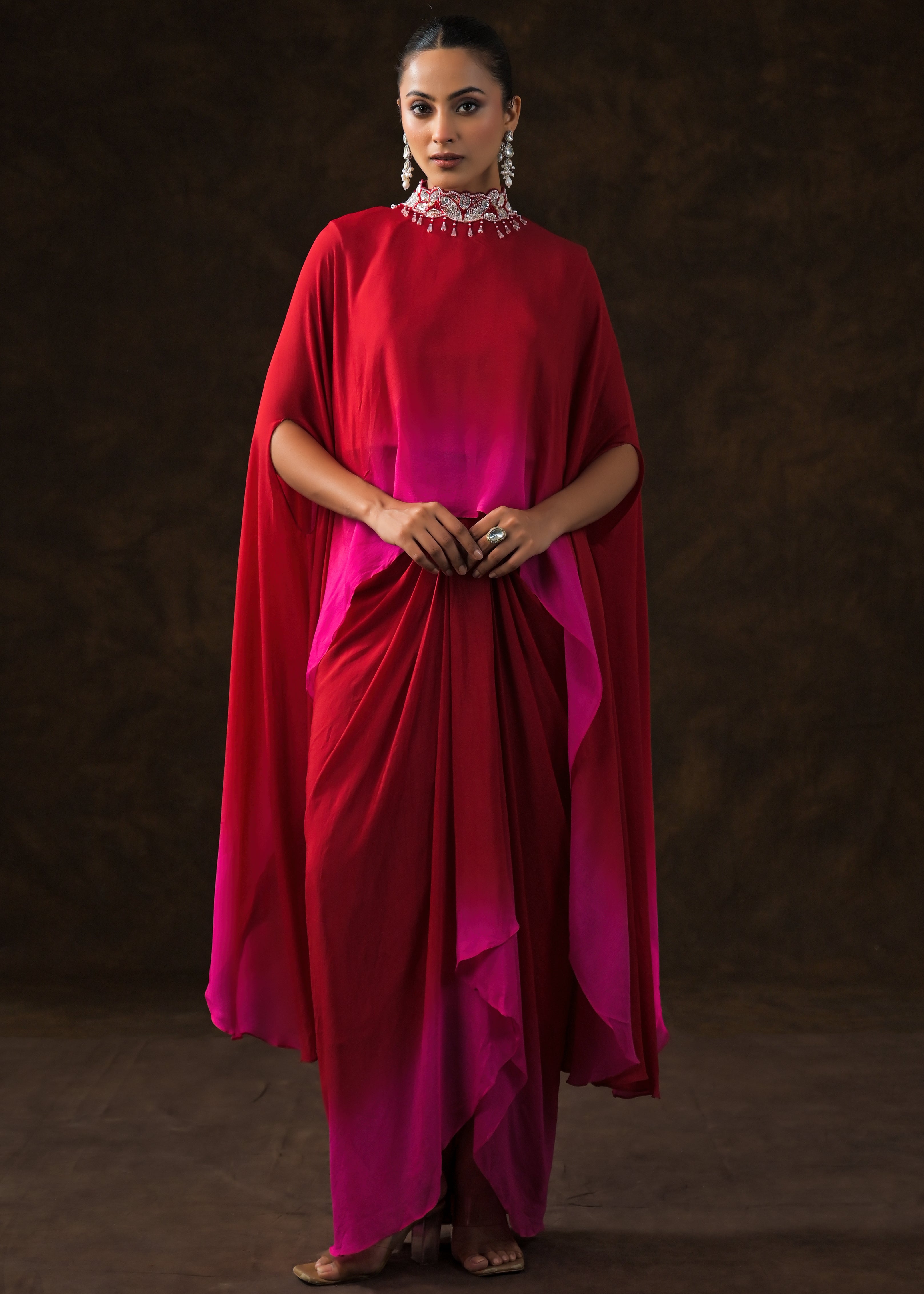 Red & Fuchsia Ombre Georgette Silk Skirt Set