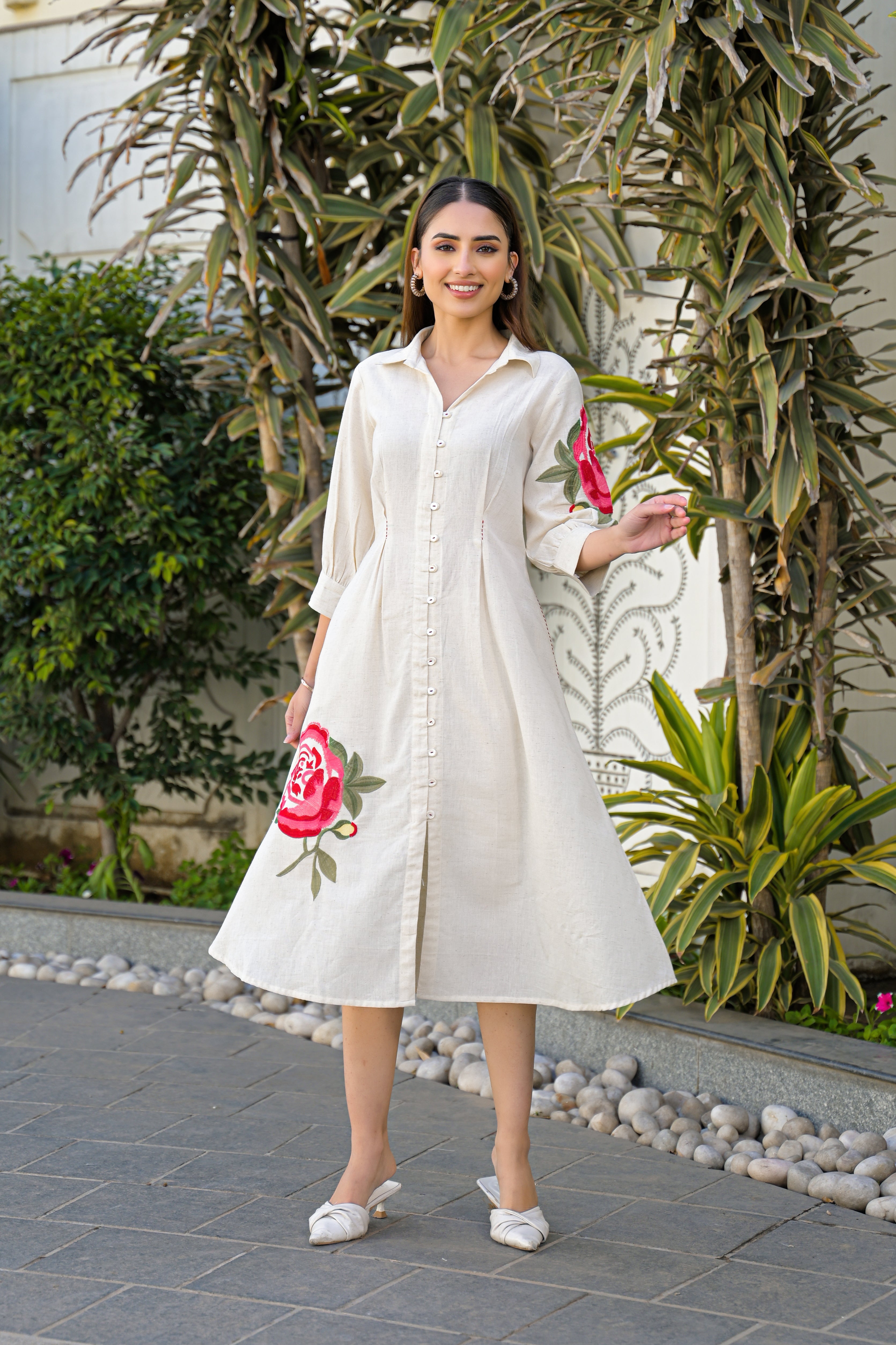 Luxe Ivory Embroidered Linen Shirt Dress