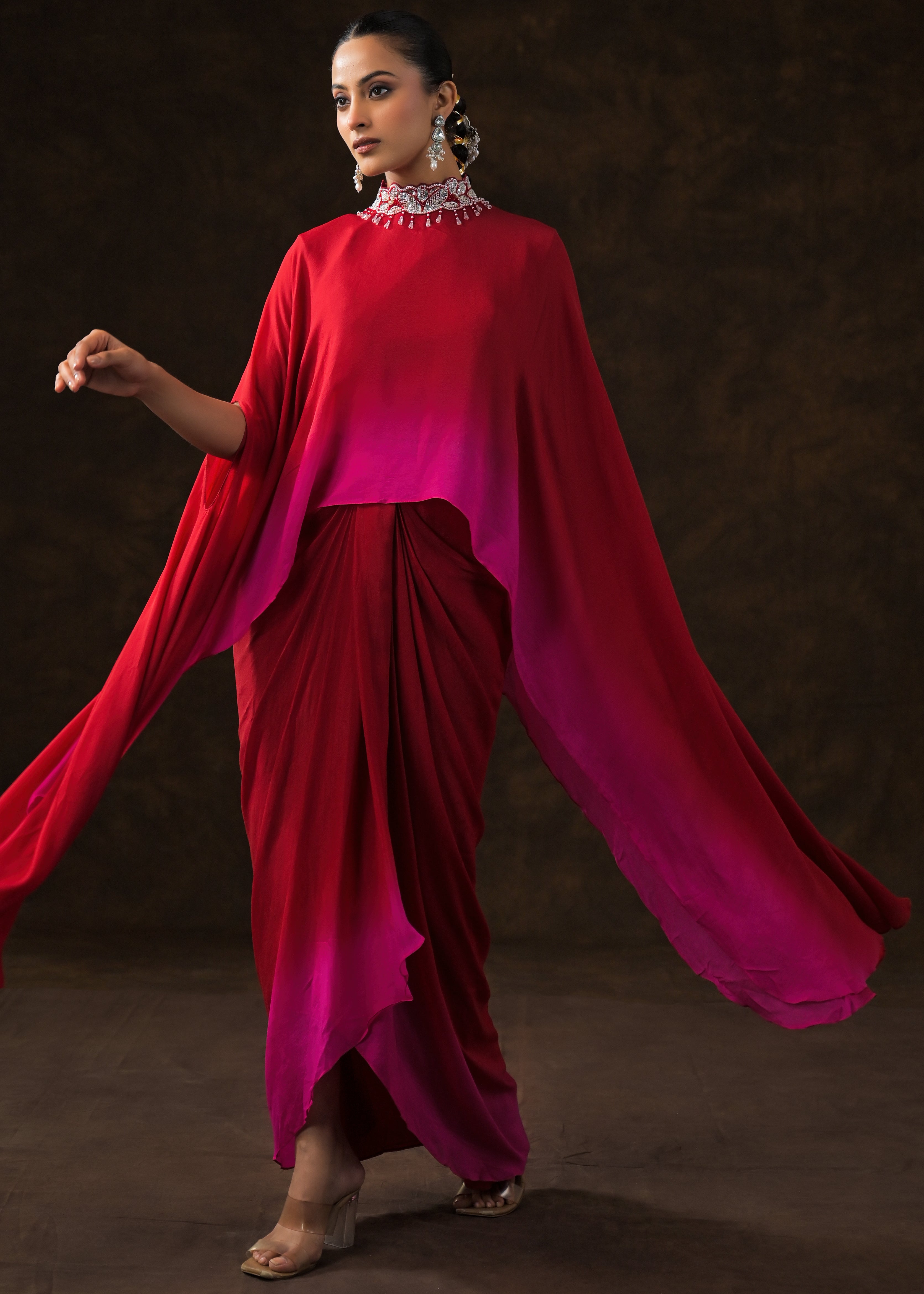 Red & Fuchsia Ombre Georgette Silk Skirt Set