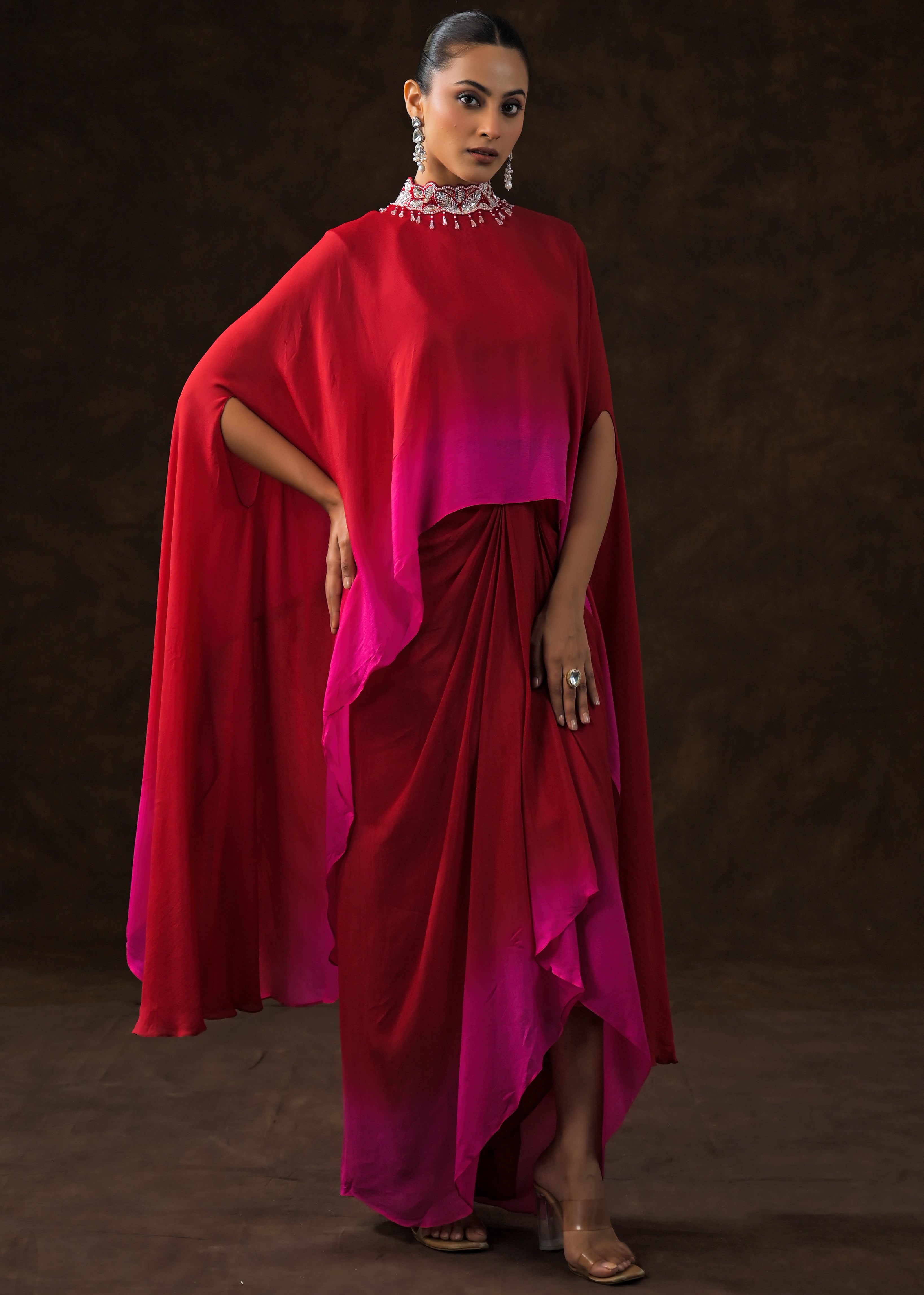 Red & Fuchsia Ombre Georgette Silk Skirt Set