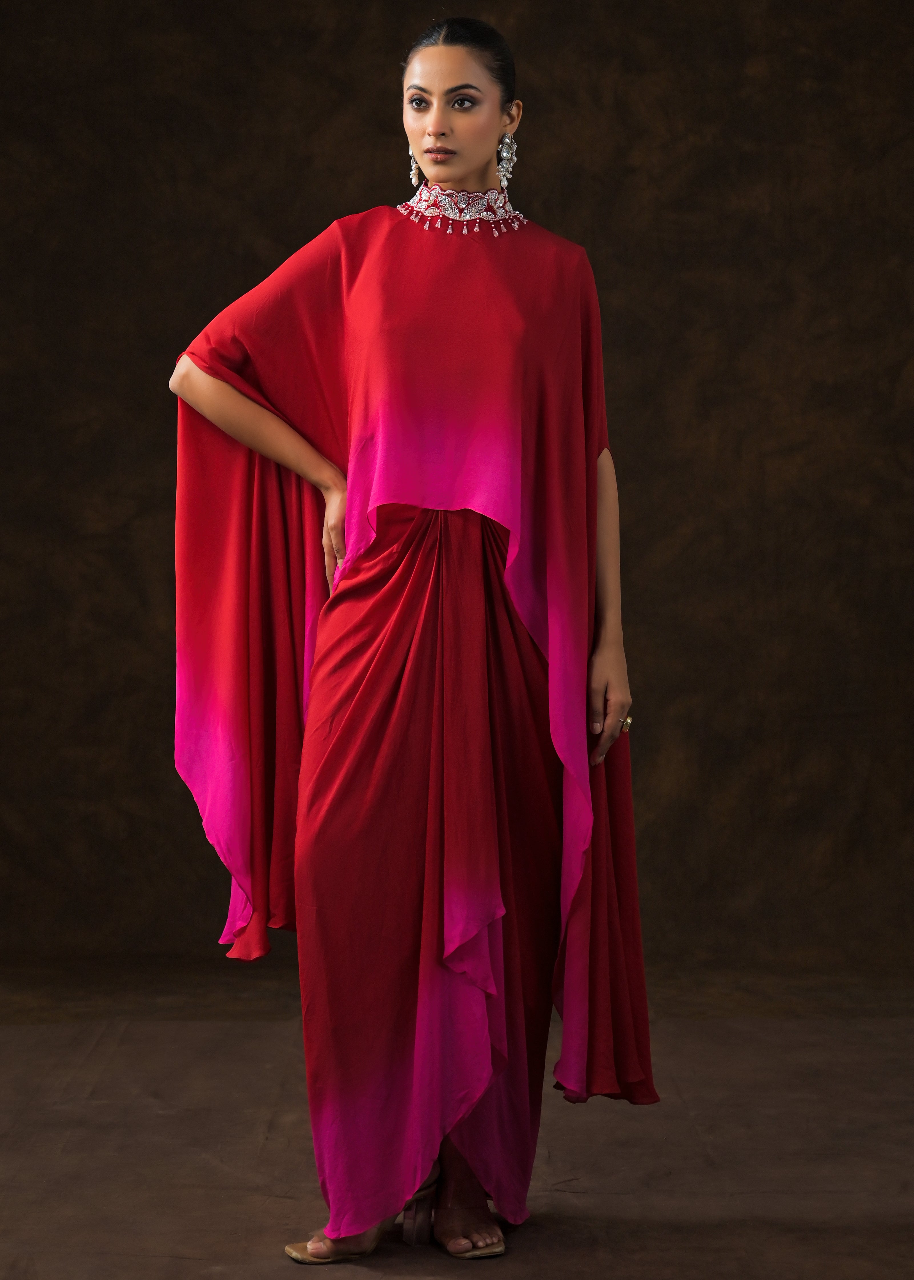Red & Fuchsia Ombre Georgette Silk Skirt Set