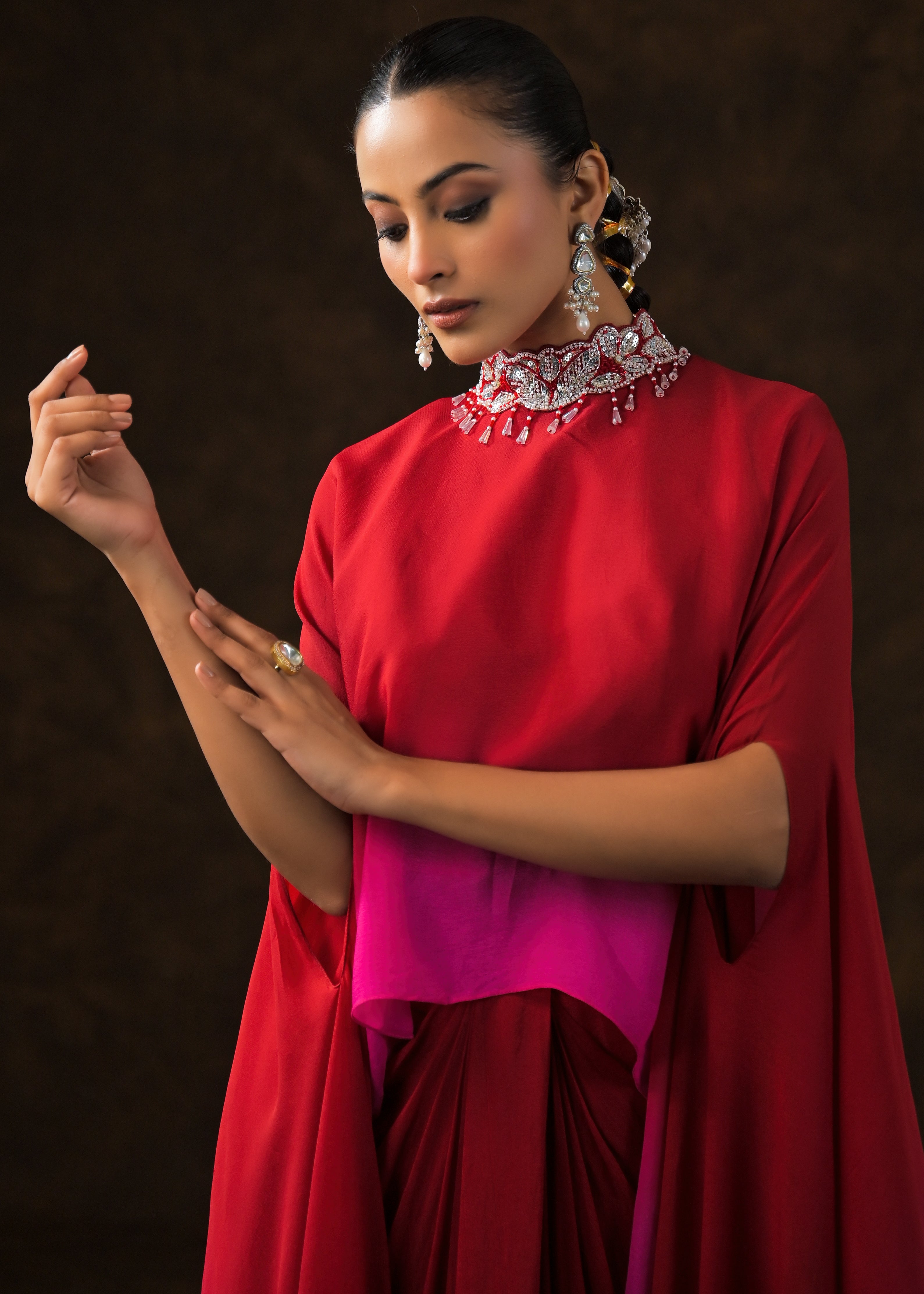 Red & Fuchsia Ombre Georgette Silk Skirt Set