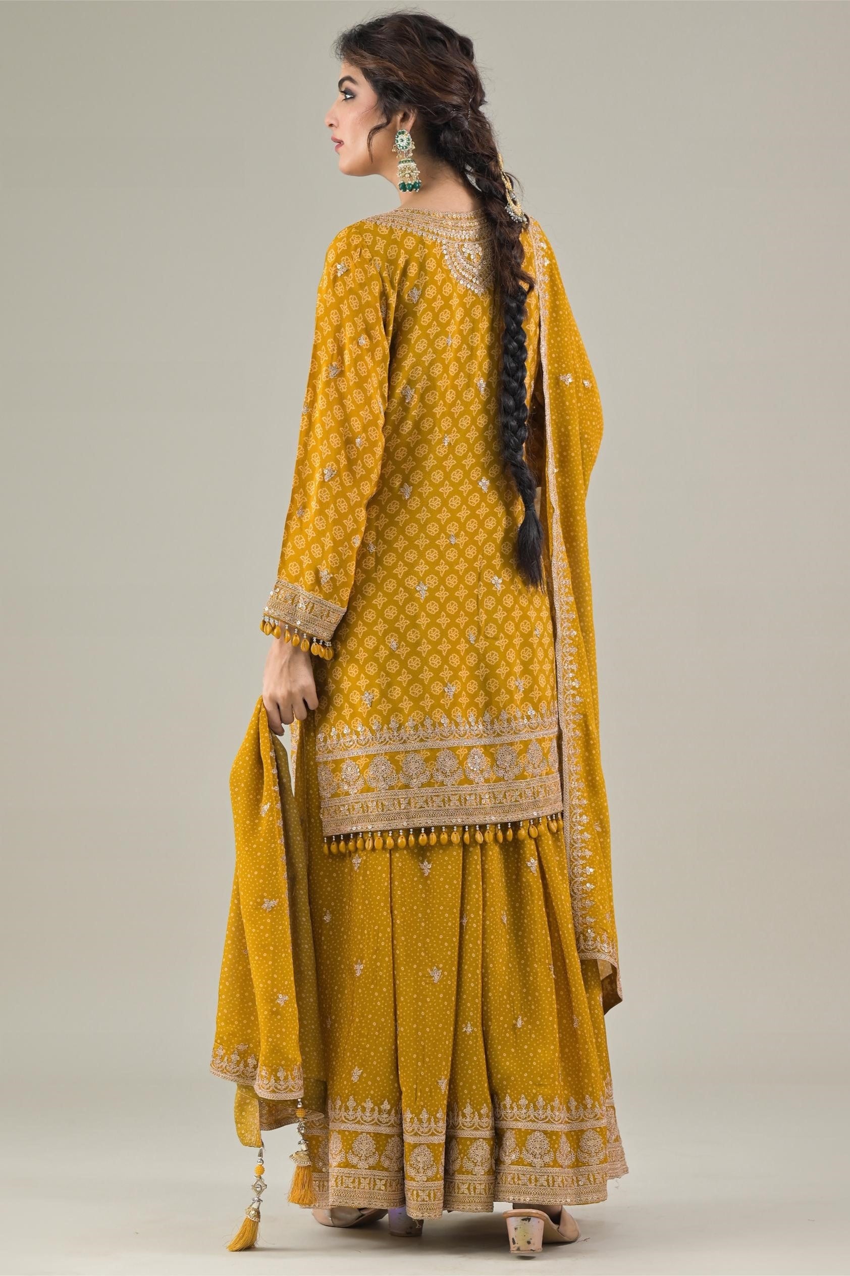 Ochre Yellow Bandhej Printed Chinon Silk Palazzo Set