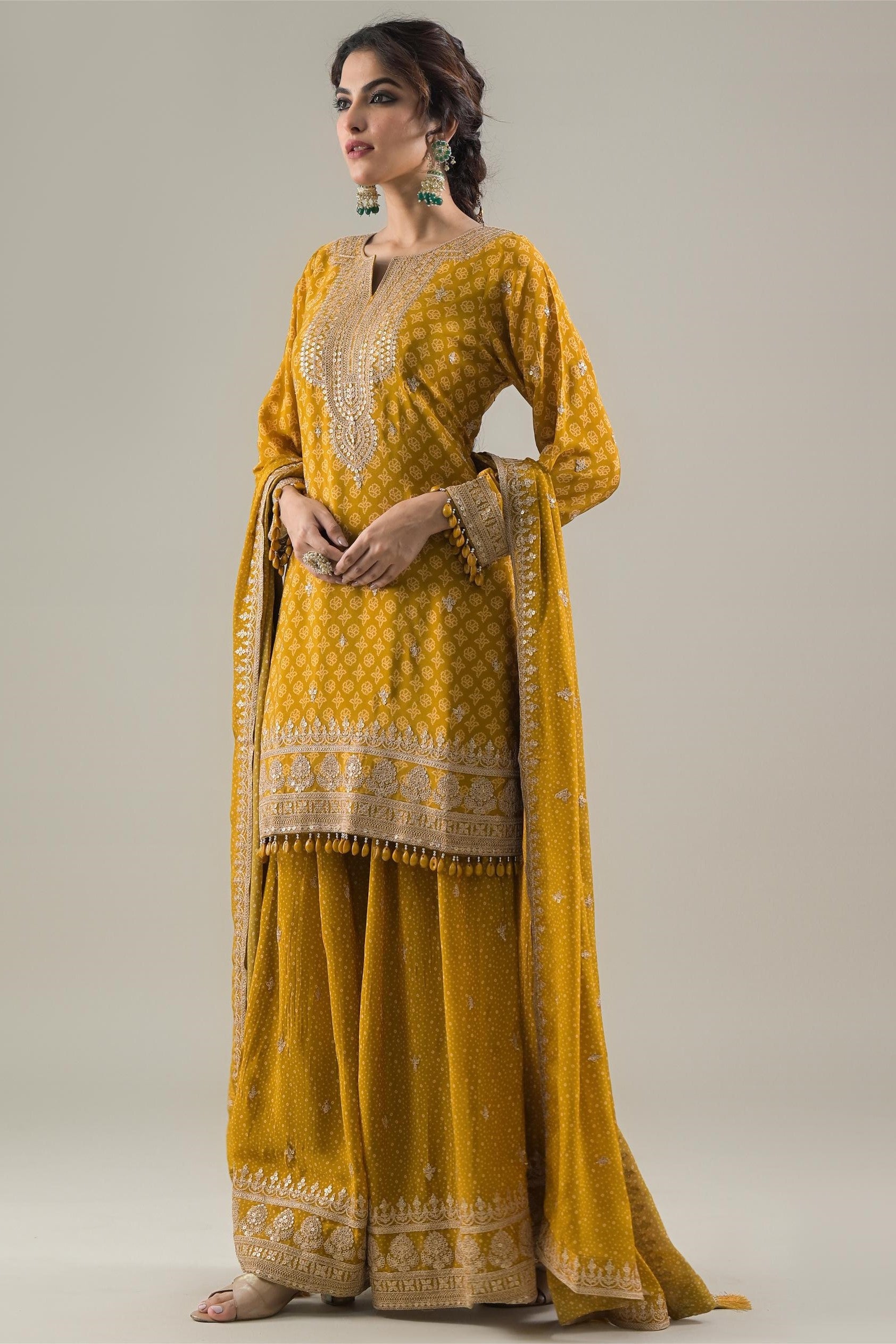 Ochre Yellow Bandhej Printed Chinon Silk Palazzo Set