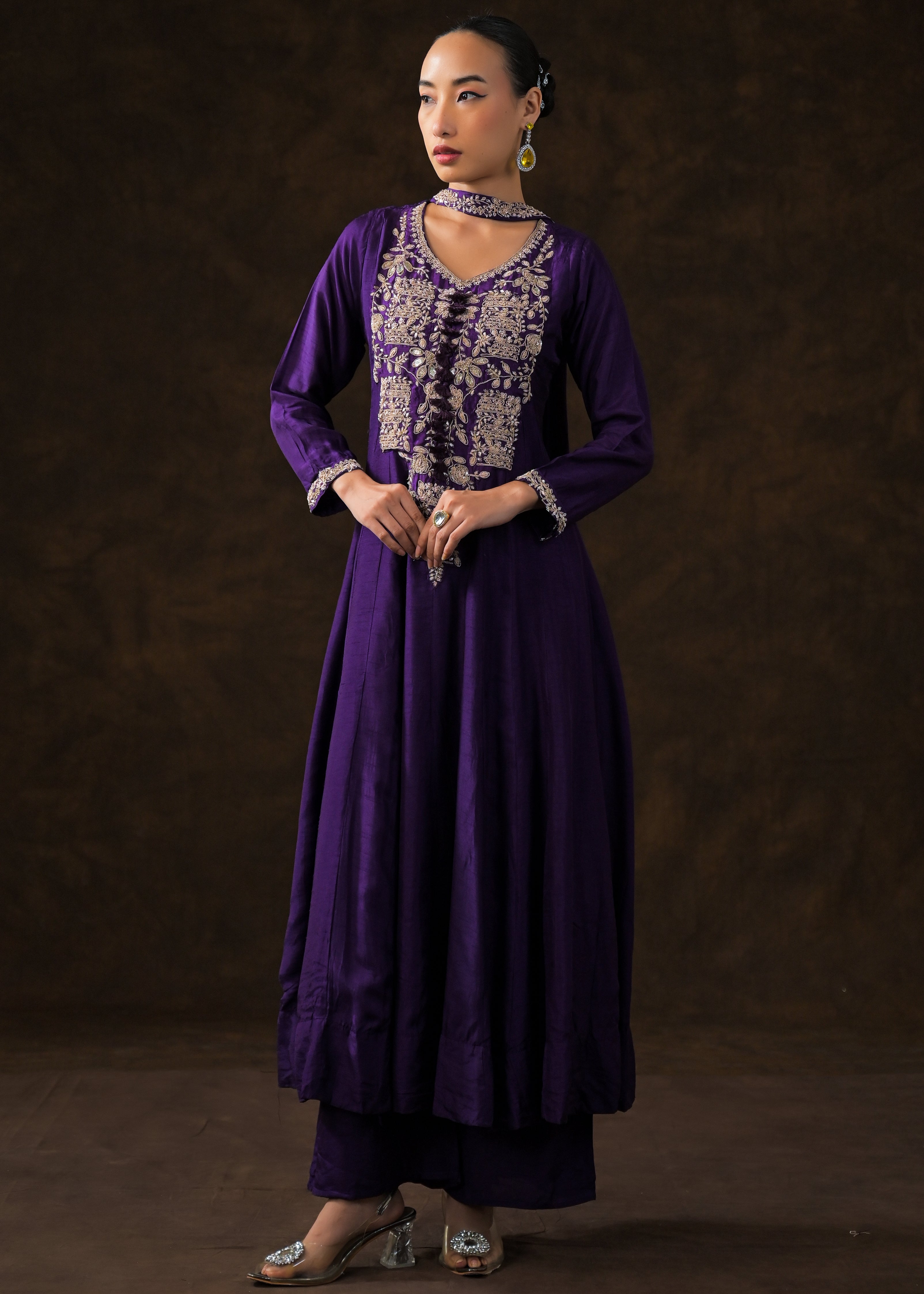 Royal Purple Embellished Raw Silk Anarkali Set