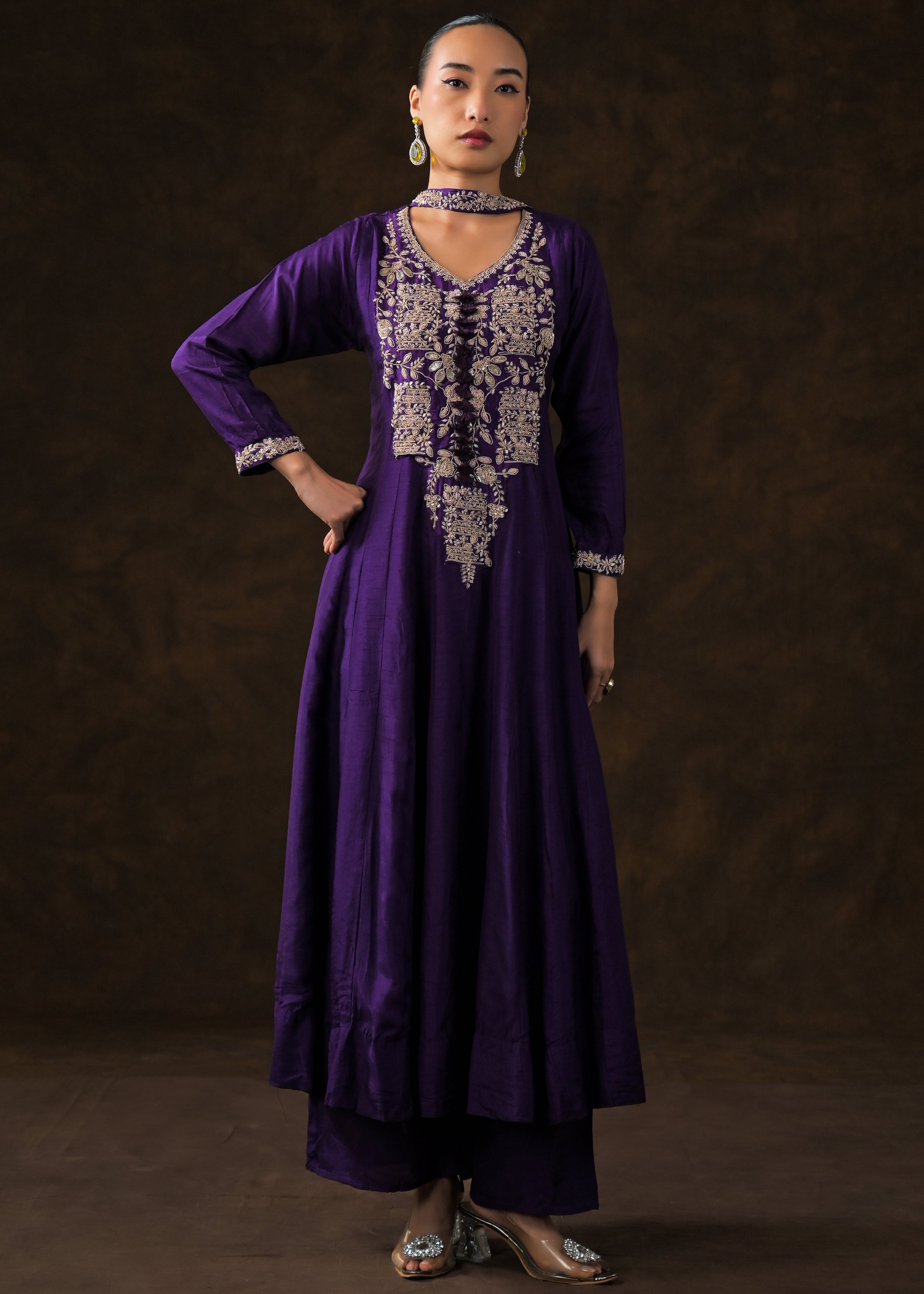 Royal Purple Embellished Raw Silk Anarkali Set