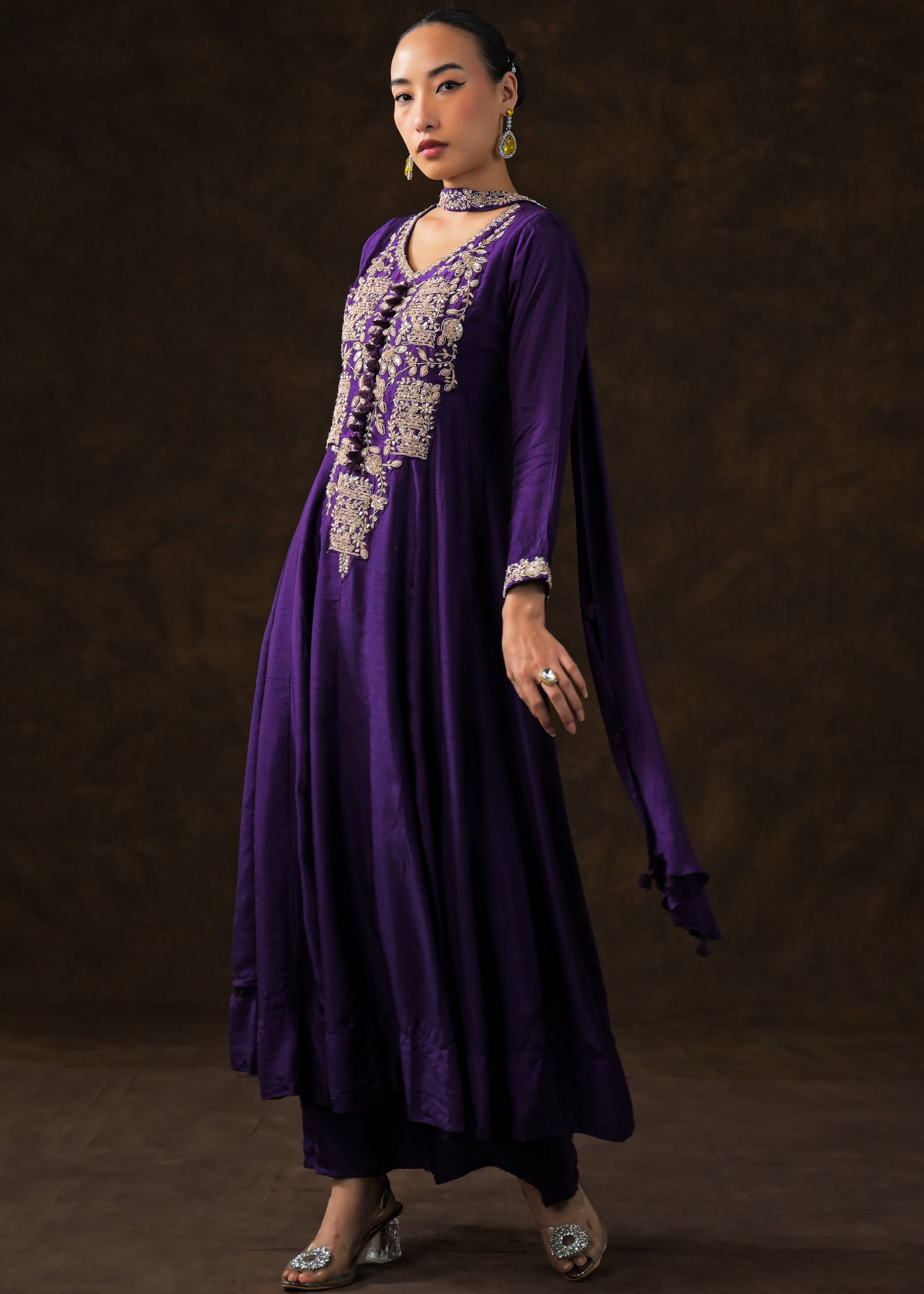 Royal Purple Embellished Raw Silk Anarkali Set