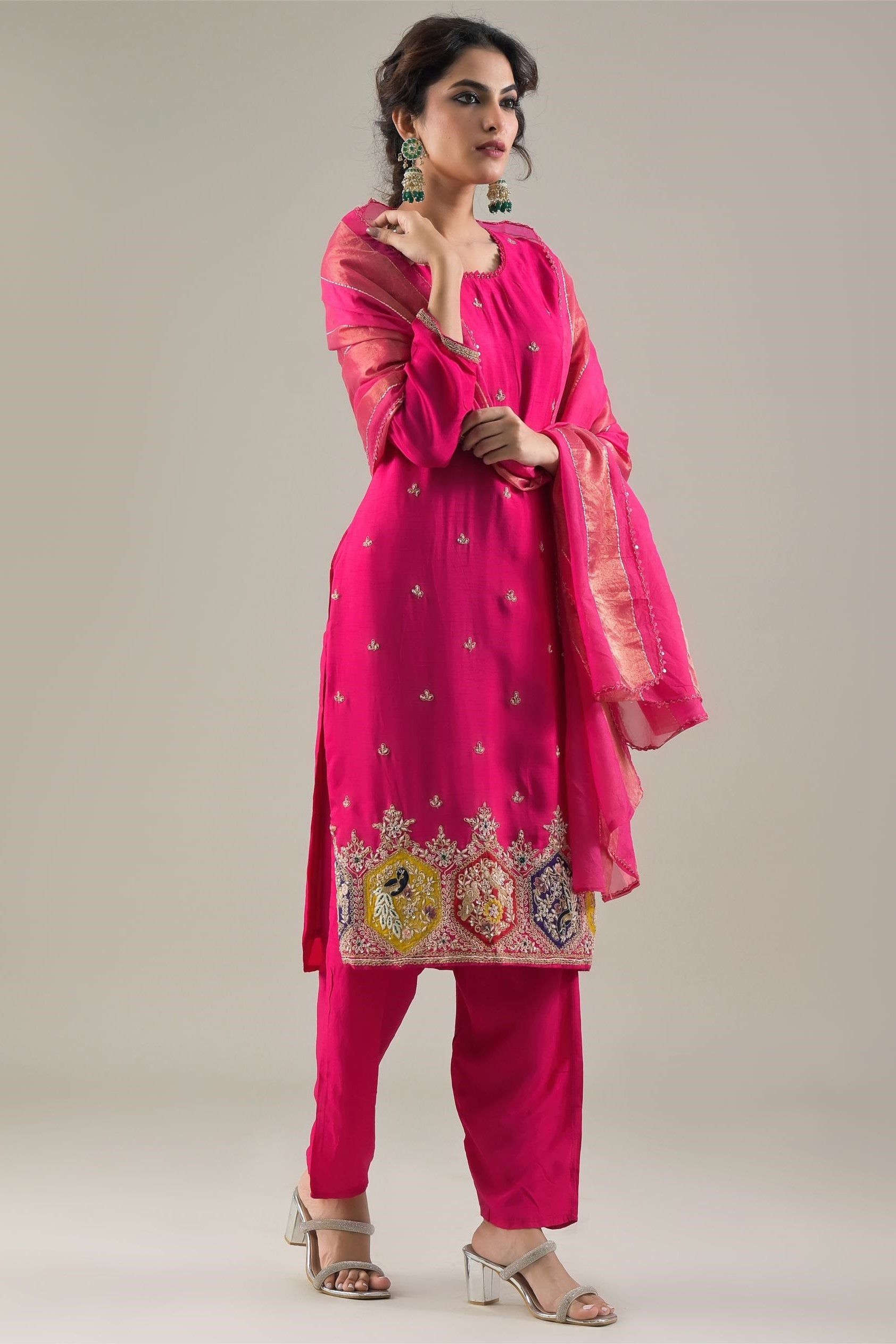 Rani Pink Embroidered Raw Silk Pants Set