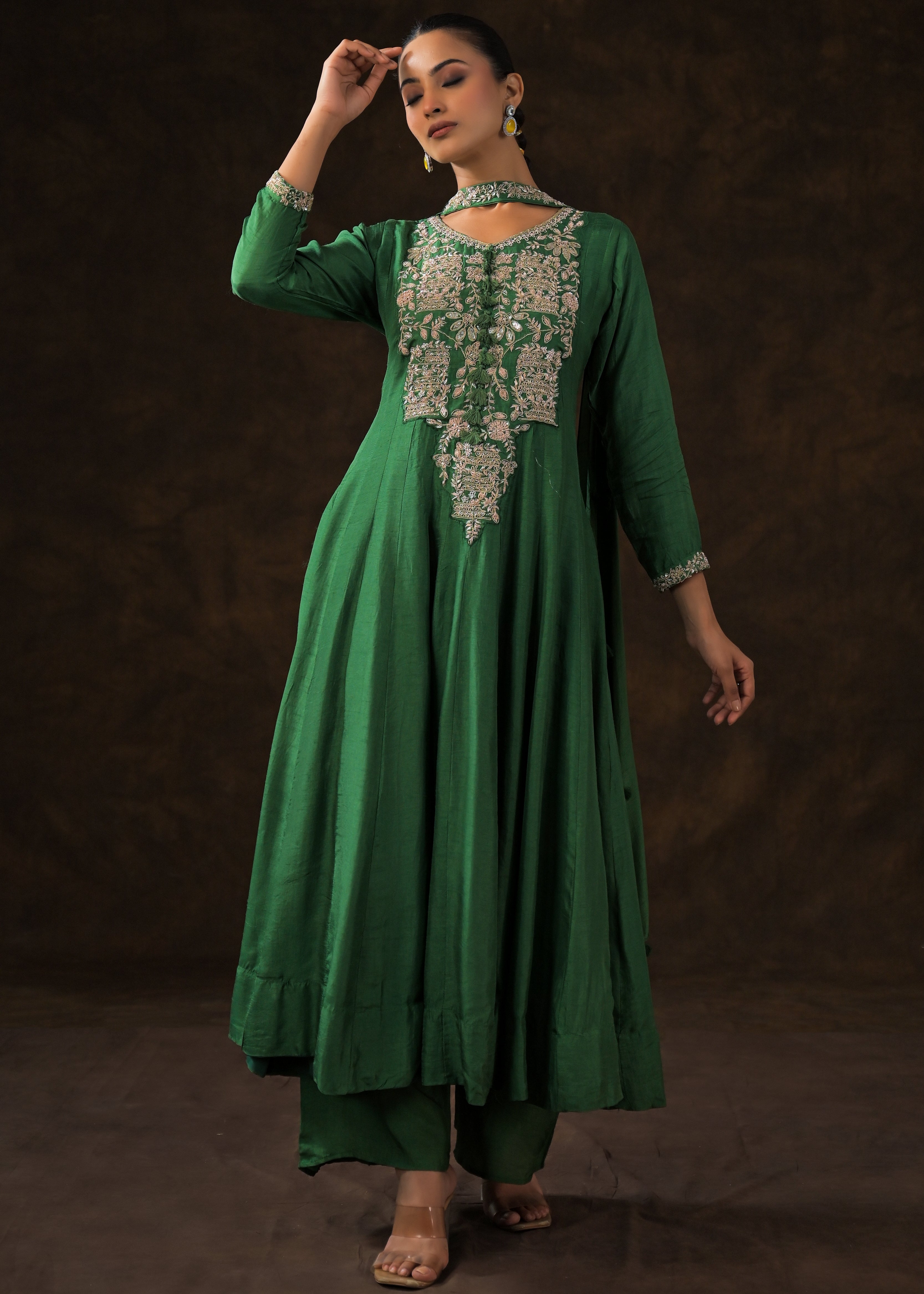 Bottle Green Embellished Raw Silk Anarkali Set