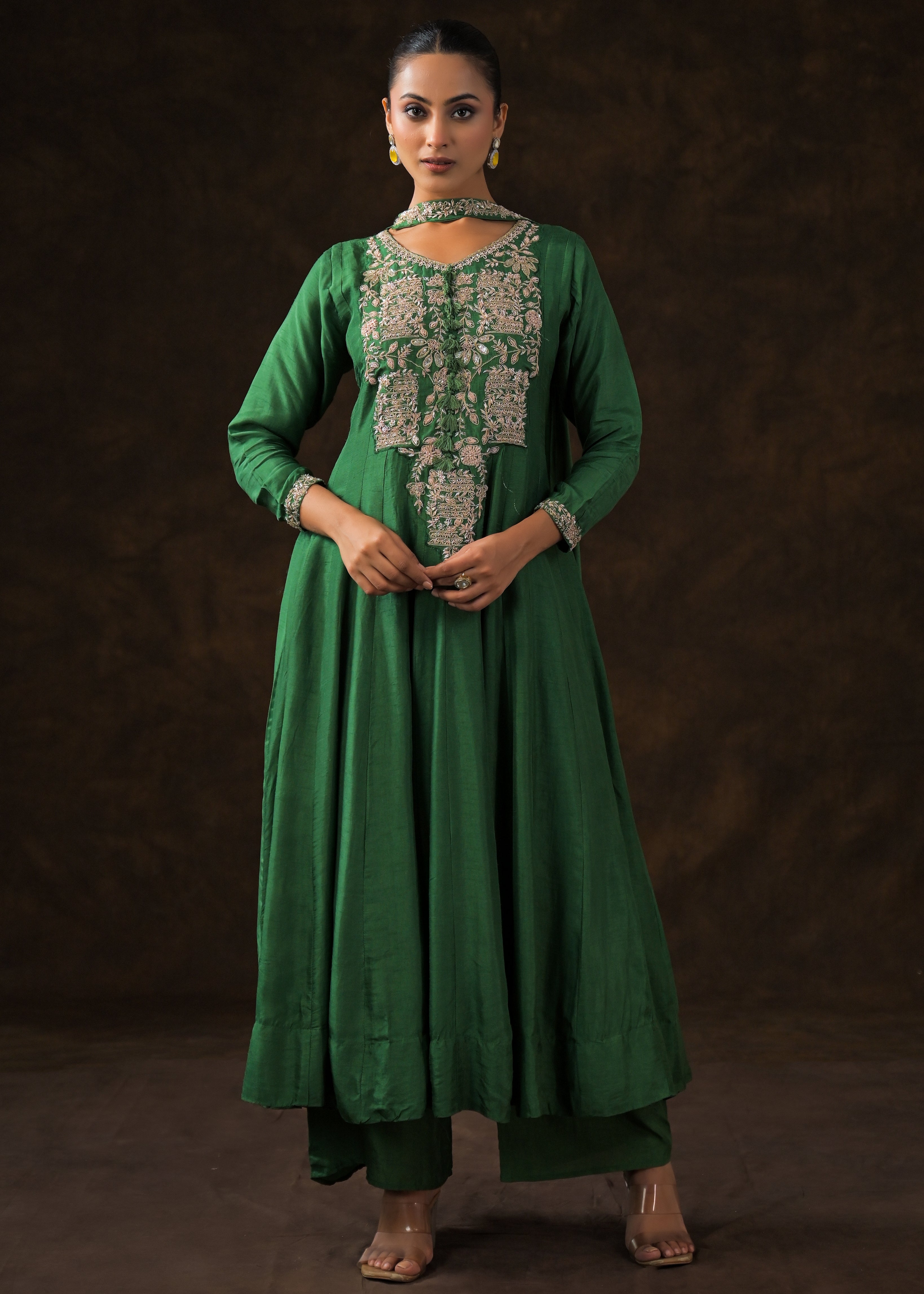 Bottle Green Embellished Raw Silk Anarkali Set