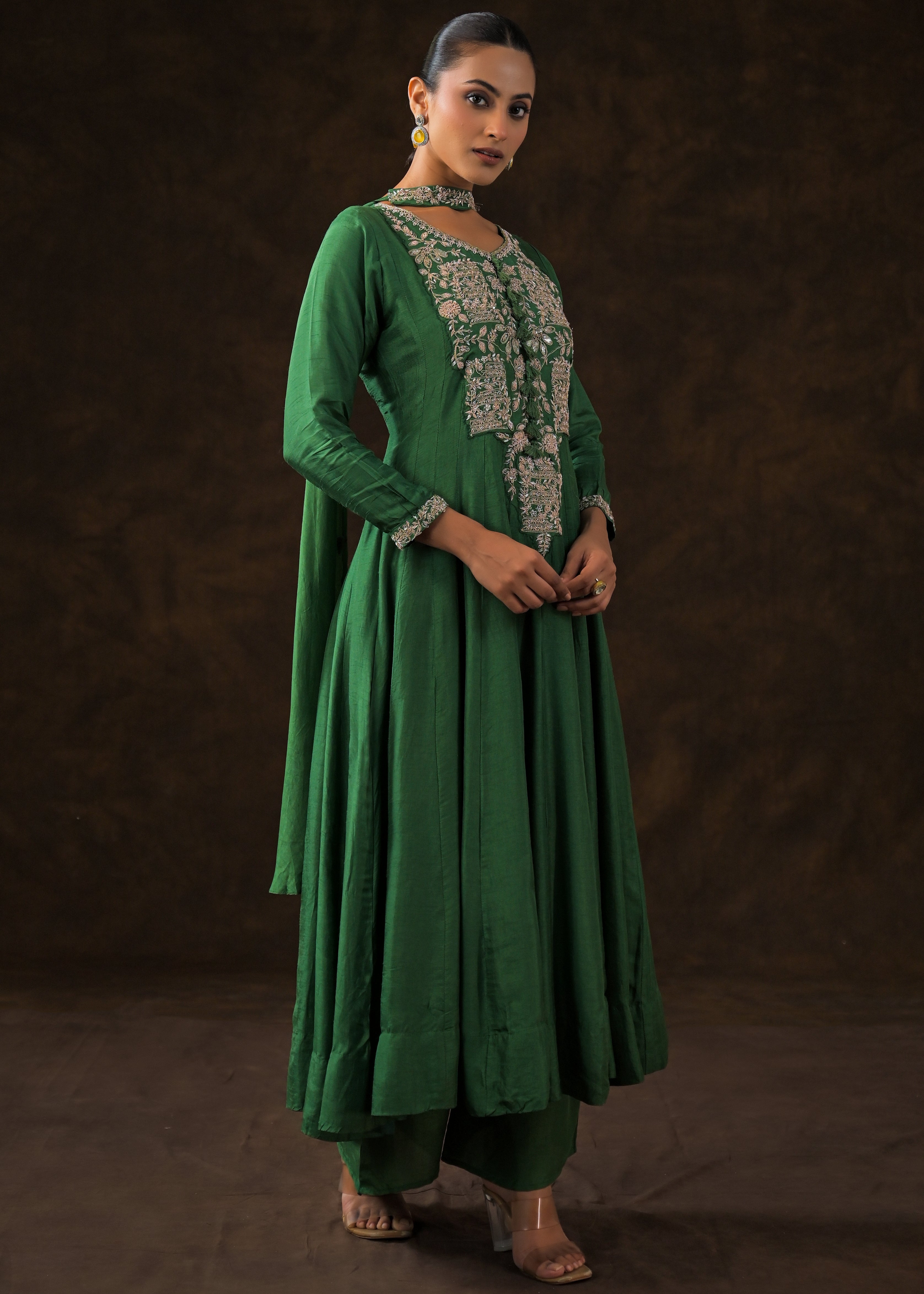 Bottle Green Embellished Raw Silk Anarkali Set