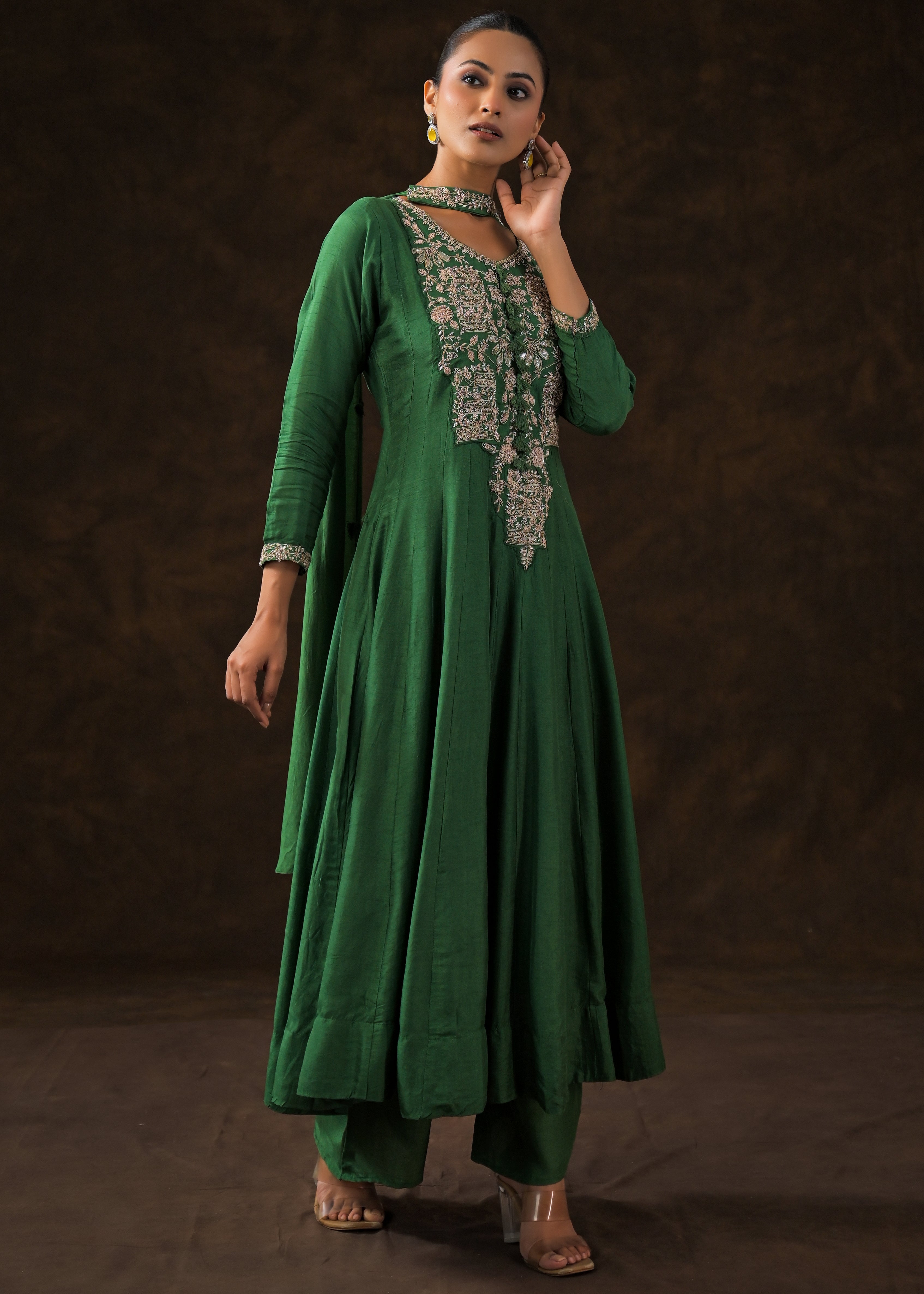 Bottle Green Embellished Raw Silk Anarkali Set