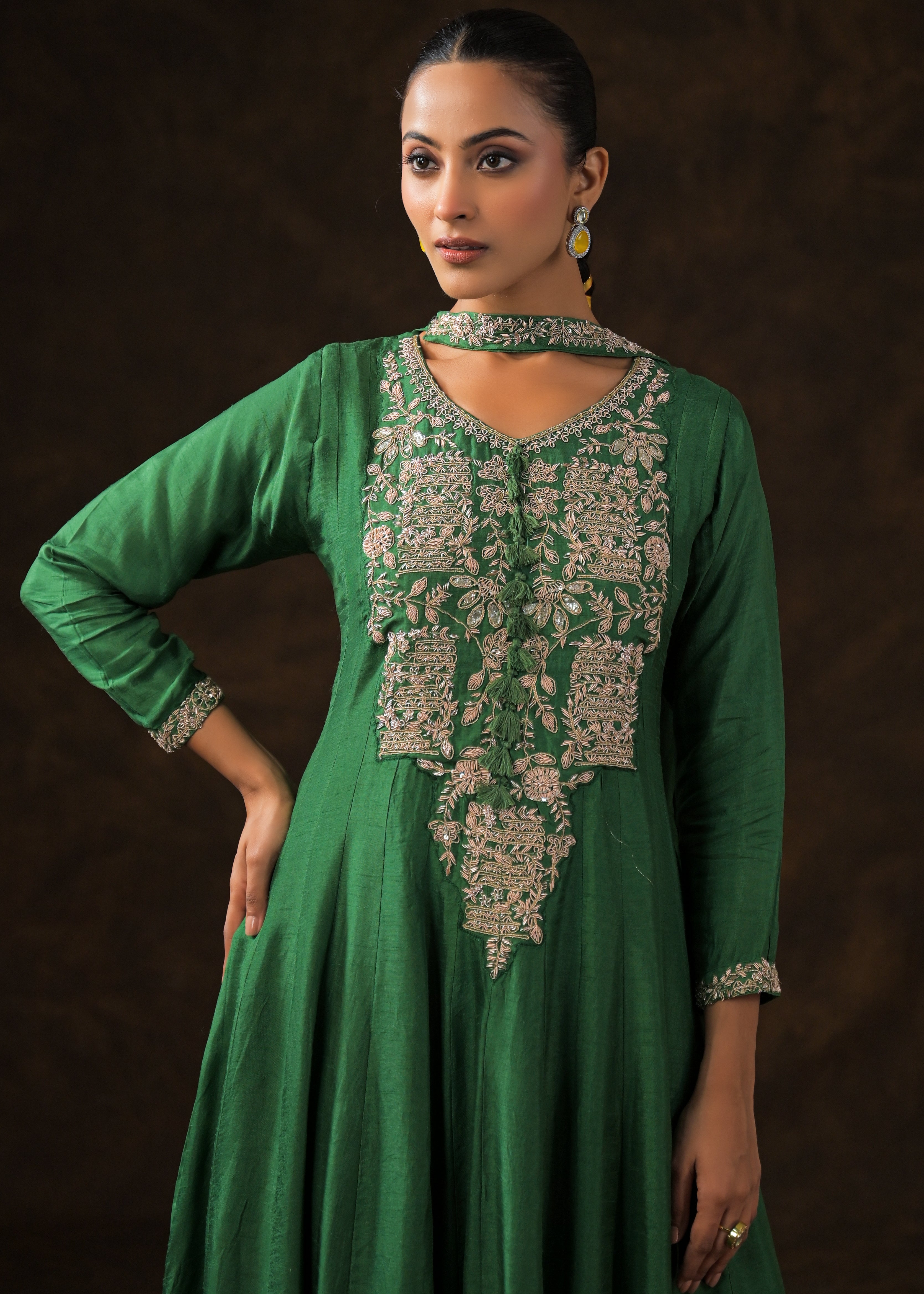 Bottle Green Embellished Raw Silk Anarkali Set