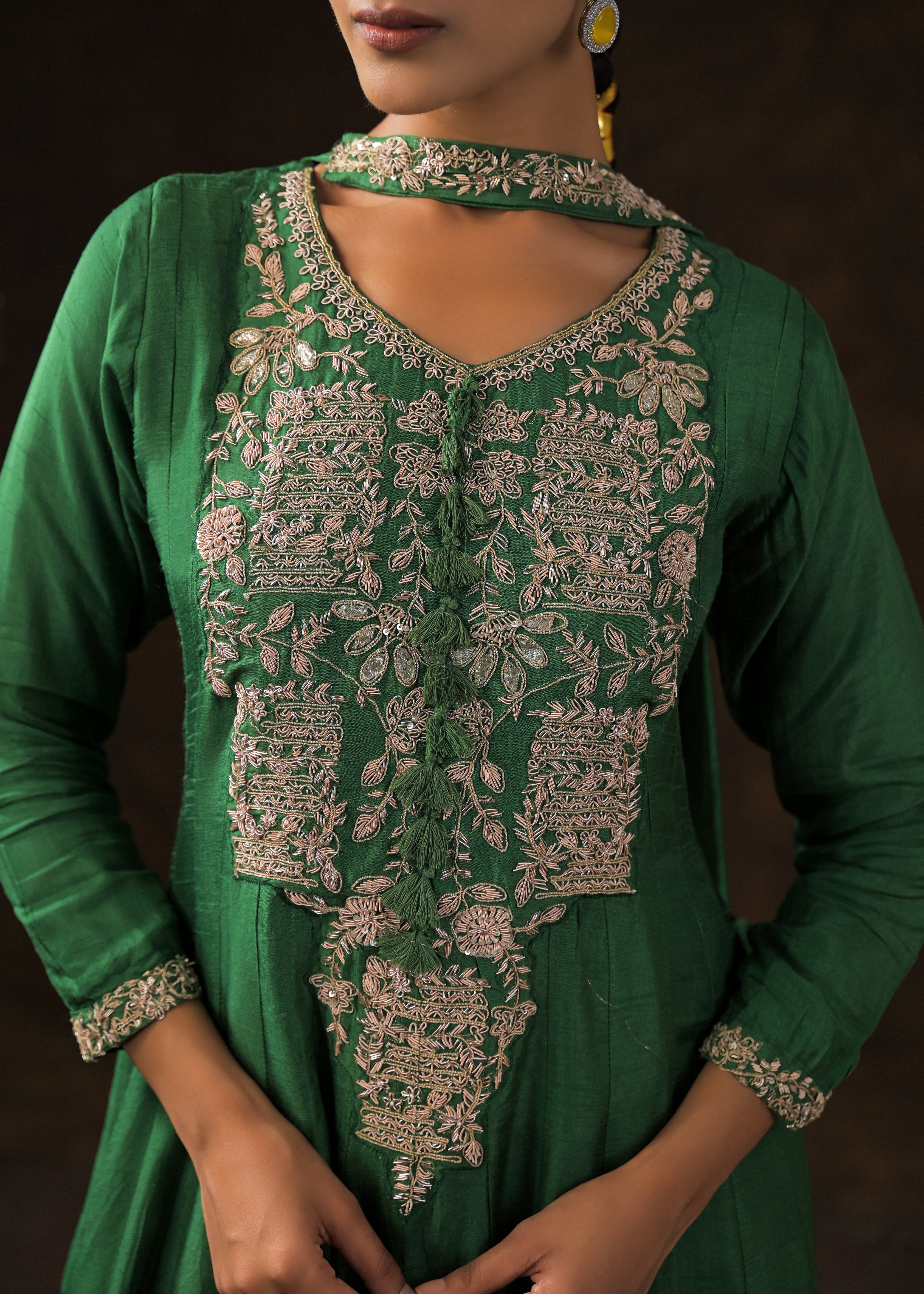 Bottle Green Embellished Raw Silk Anarkali Set