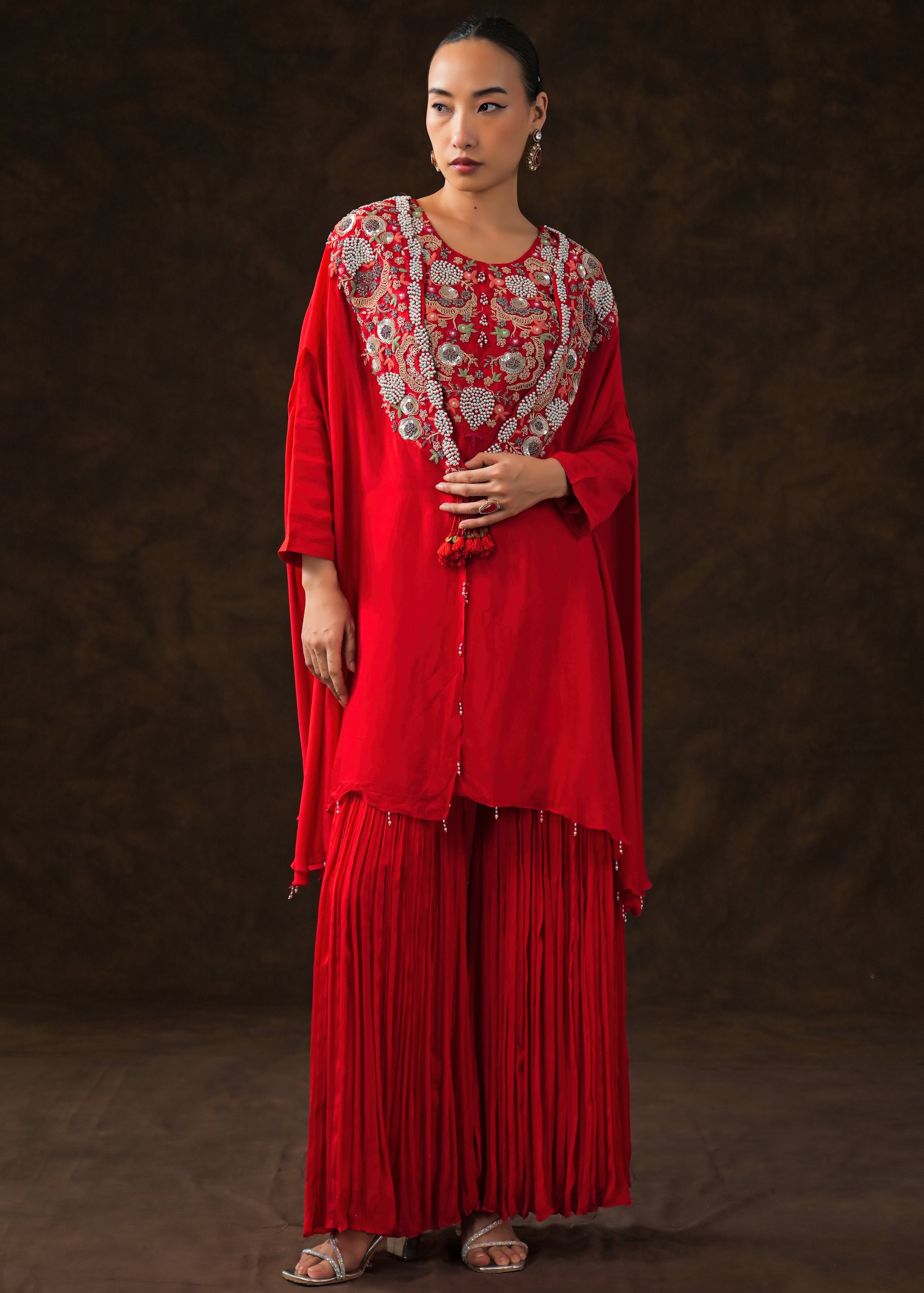 Rich Red Embellished Chinon Silk Sharara Set