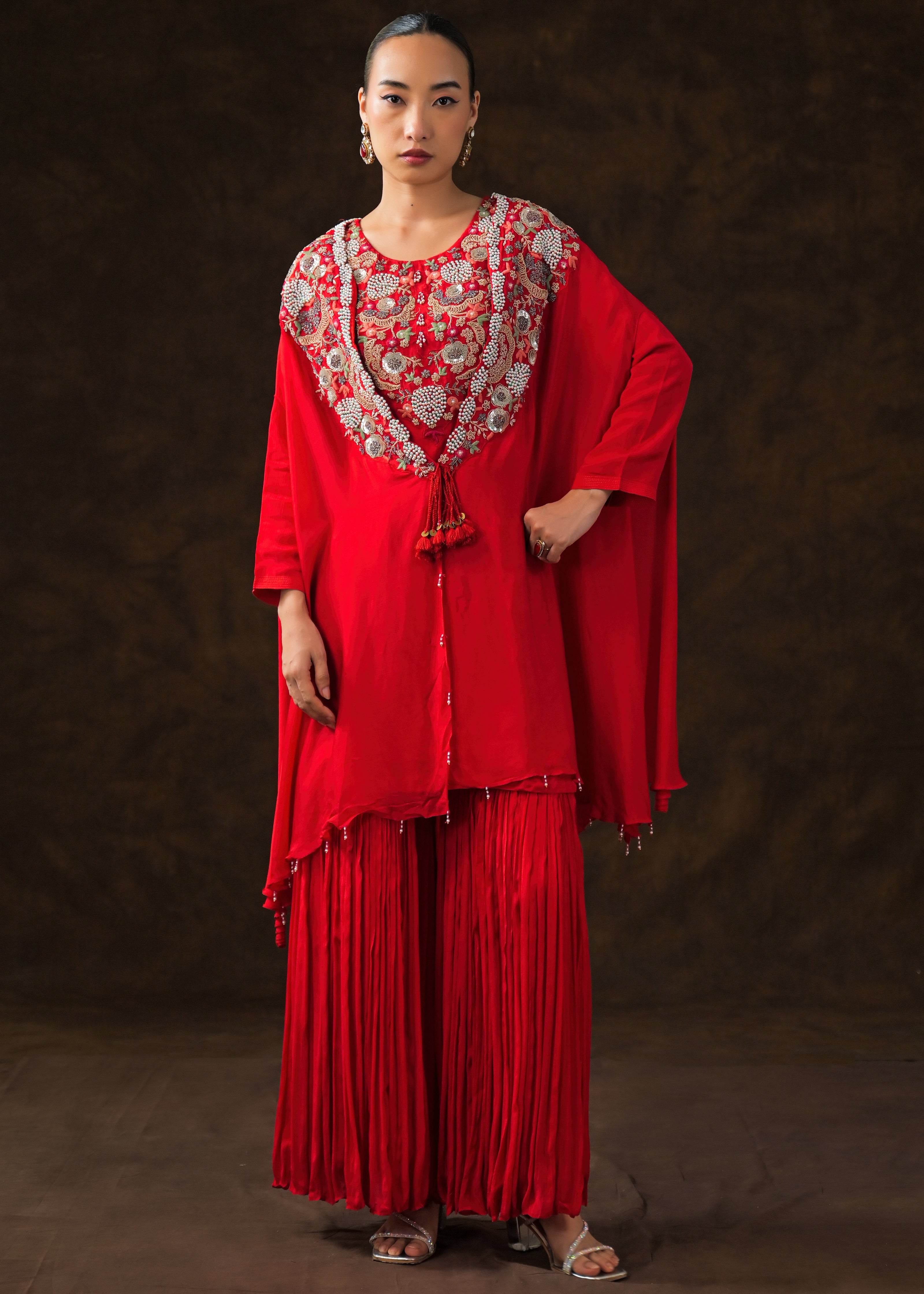 Rich Red Embellished Chinon Silk Sharara Set