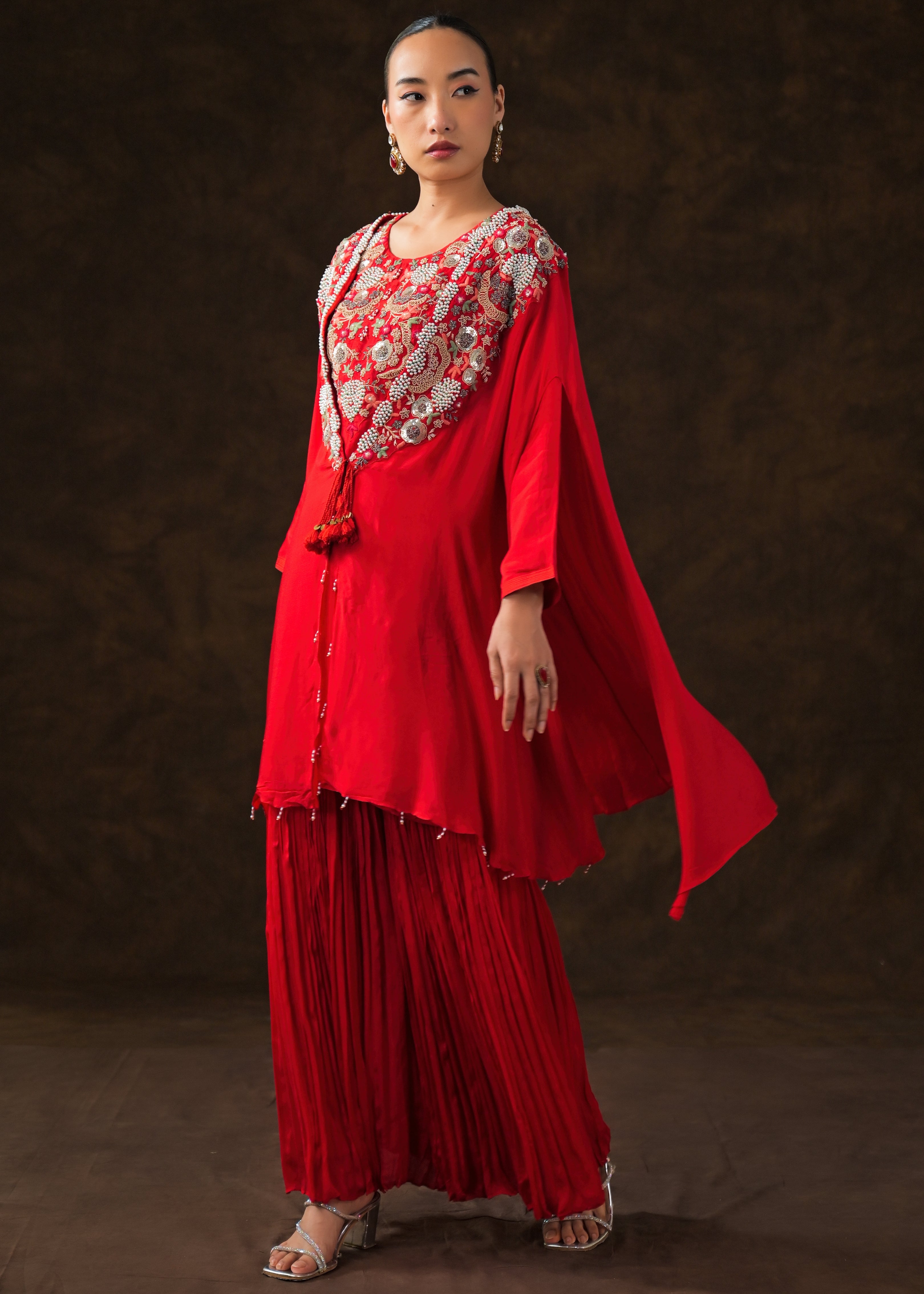 Rich Red Embellished Chinon Silk Sharara Set