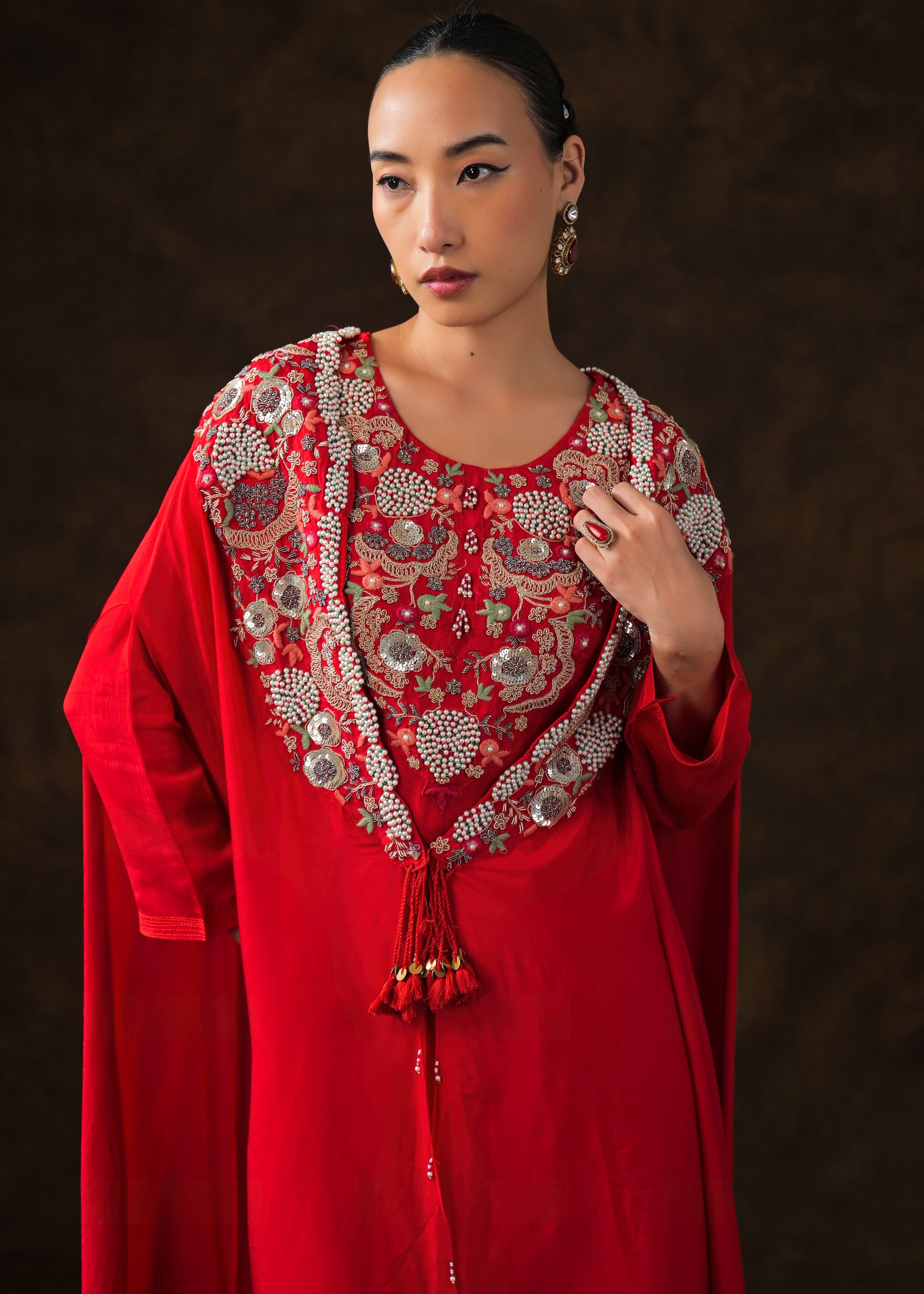 Rich Red Embellished Chinon Silk Sharara Set