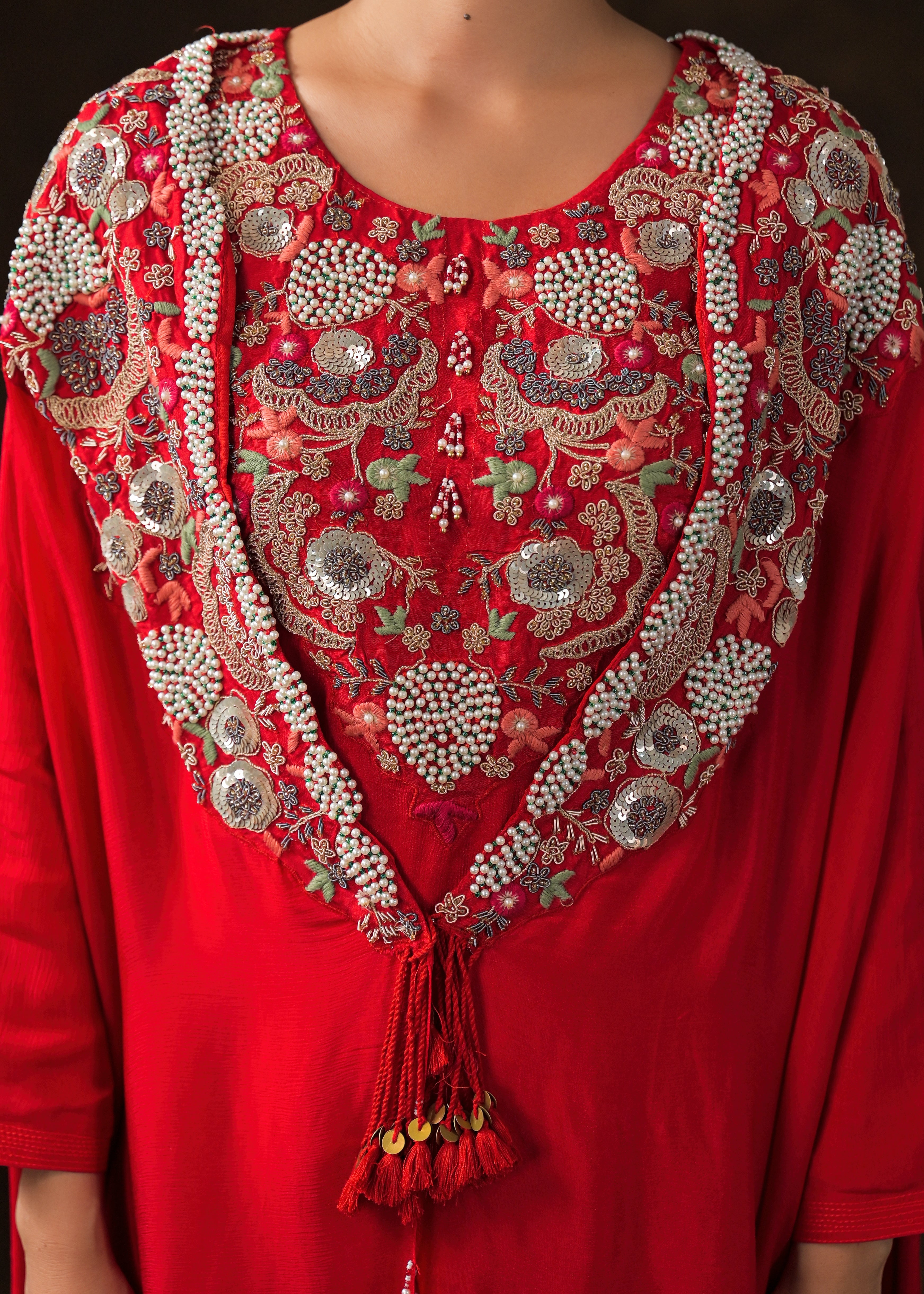 Rich Red Embellished Chinon Silk Sharara Set