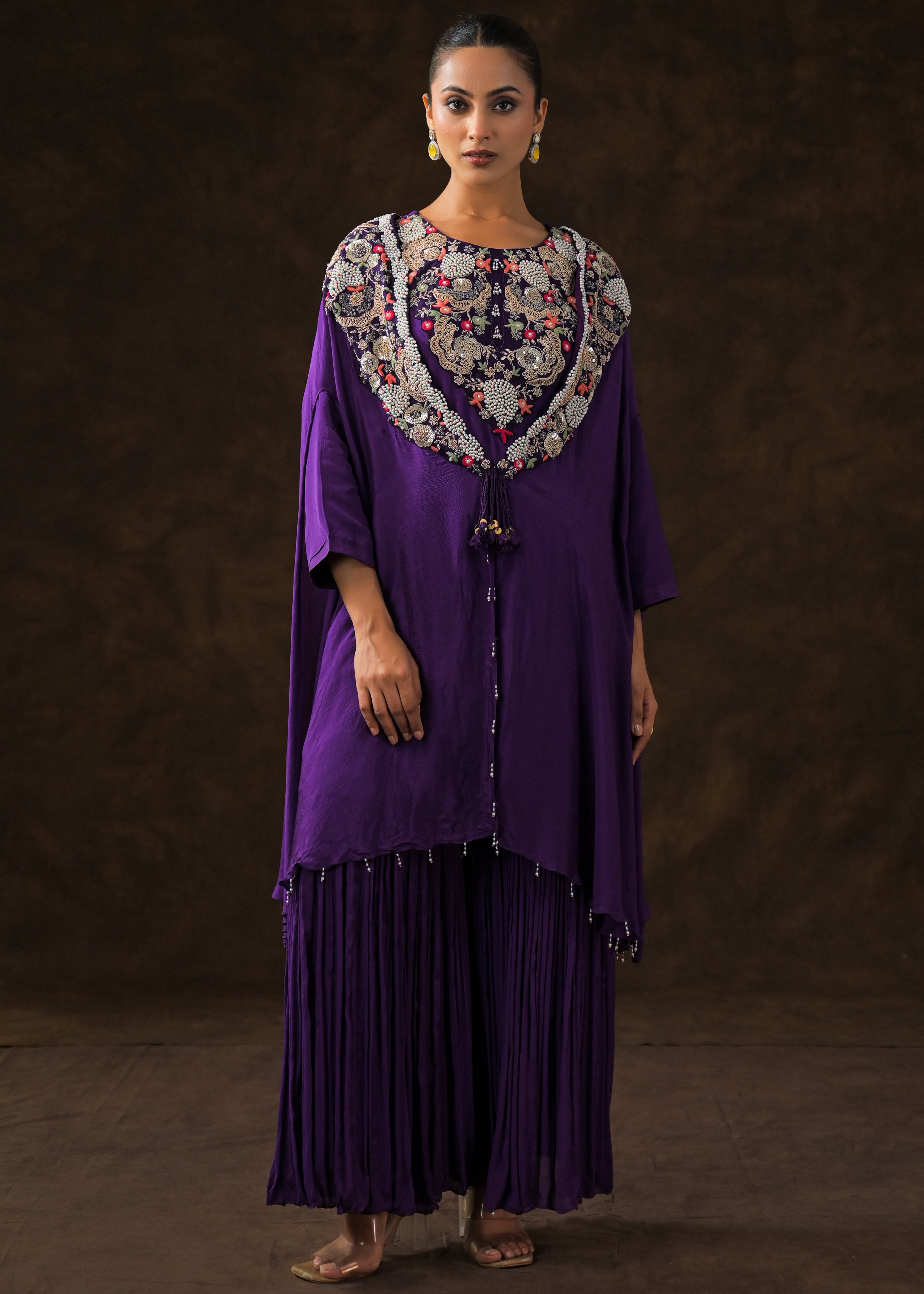 Regal Voilet Embellished Chinon Silk Sharara Set