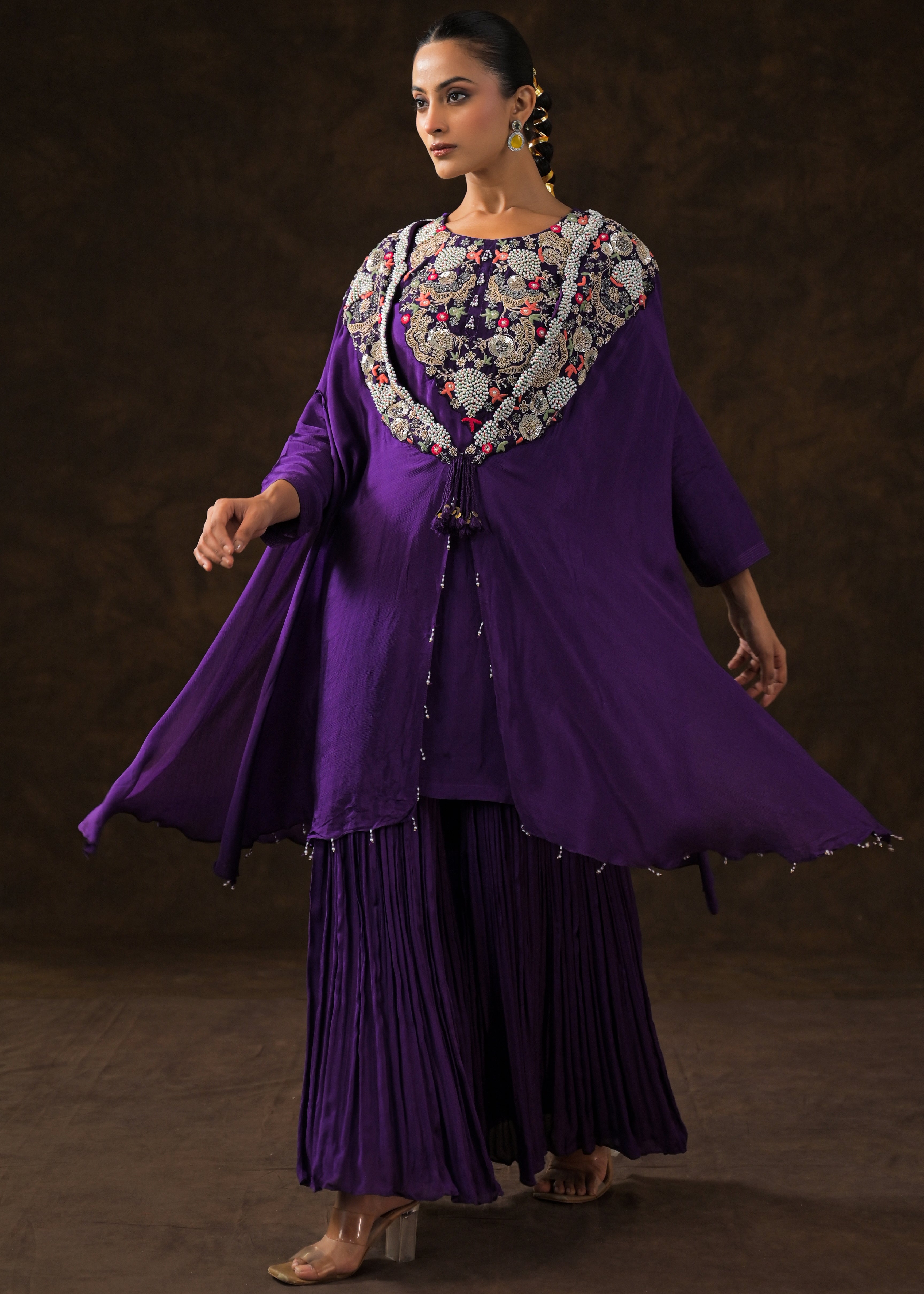 Regal Voilet Embellished Chinon Silk Sharara Set