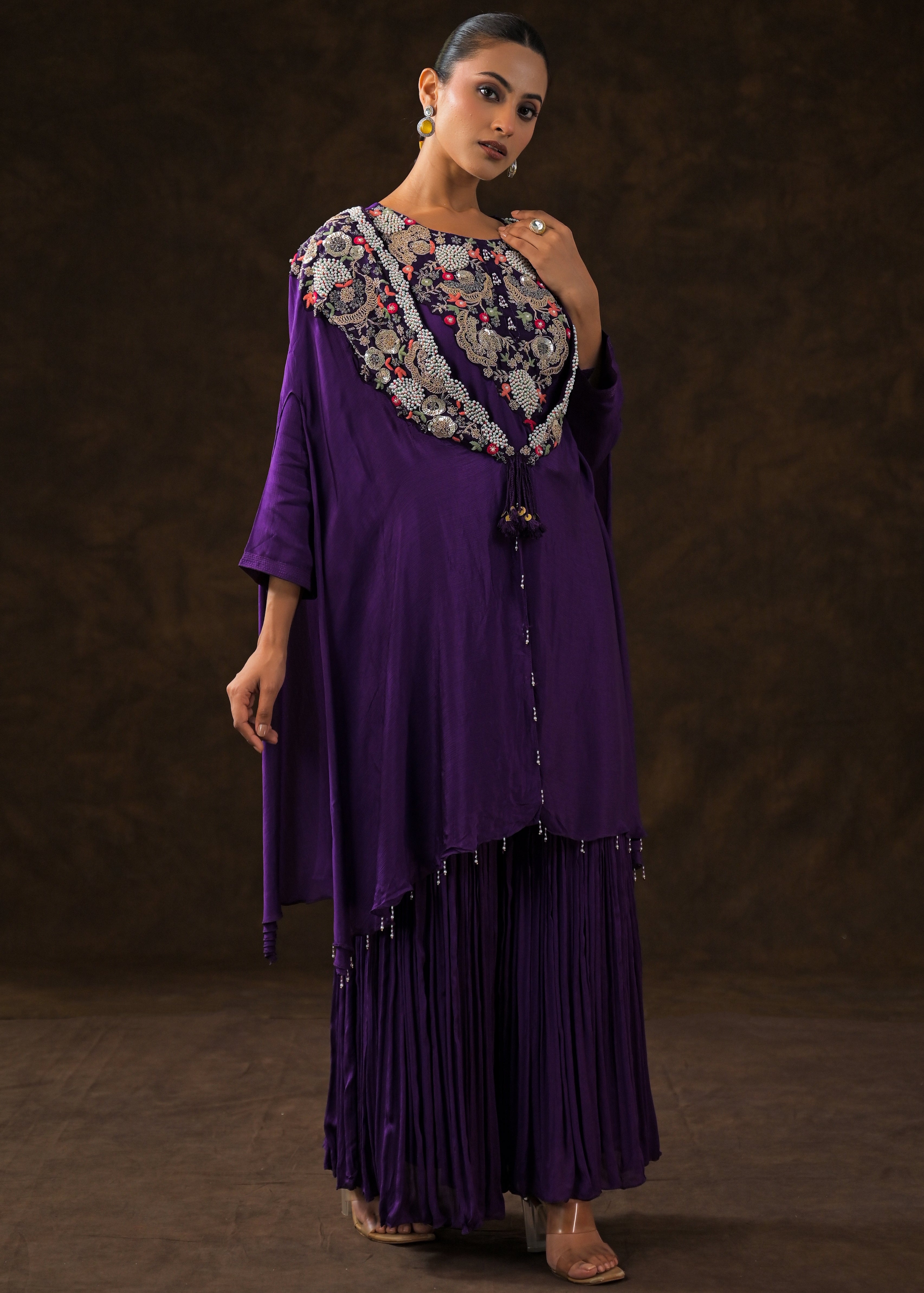 Regal Voilet Embellished Chinon Silk Sharara Set